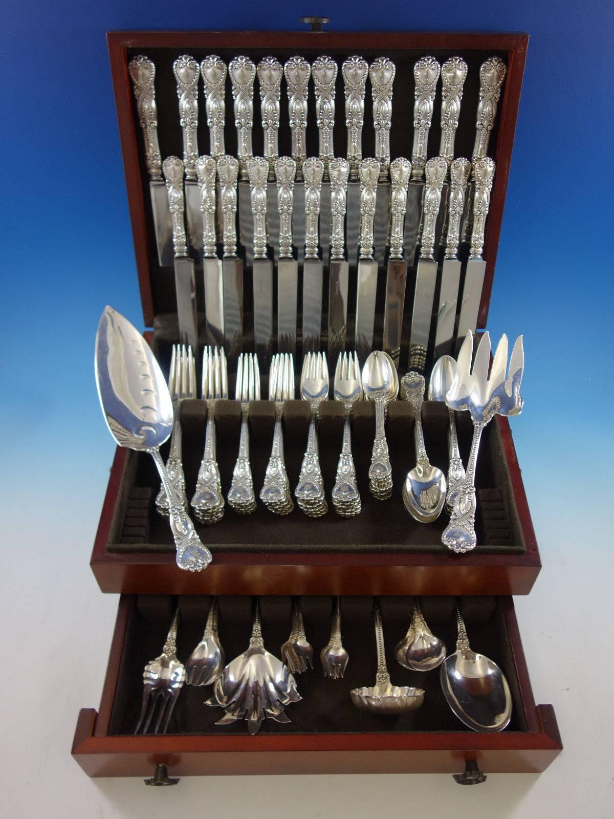 Dinner and luncheon size Saint James by Tiffany & Co. sterling silver flatware set of 115 pieces. This set includes: 

12 dinner size knives, 10 1/4