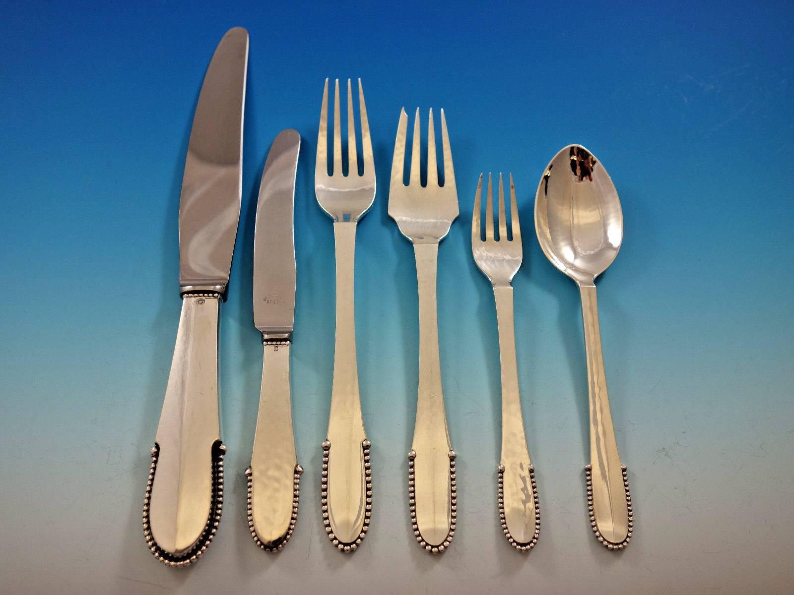 Beaded by Georg Jensen Sterling Silver Flatware Dinner Set 12 Service 74 Pieces In Excellent Condition In Big Bend, WI