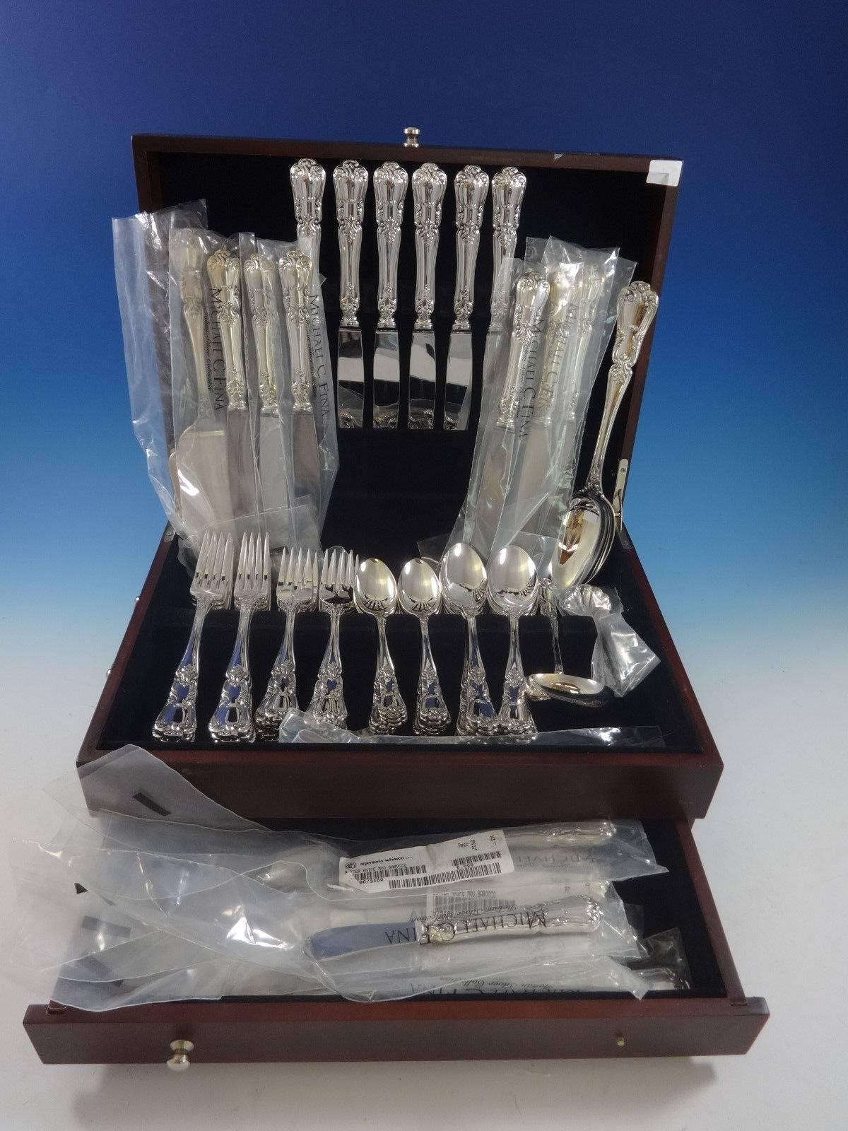 Barocco by Schiavon, Italy, retailed by Michael C Fina, Italian collection sterling silver flatware set - 77 Pieces. This set includes: 12 large dinner size knives, 10", 12 large dinner size forks, 8", 12 salad forks , 7", 12