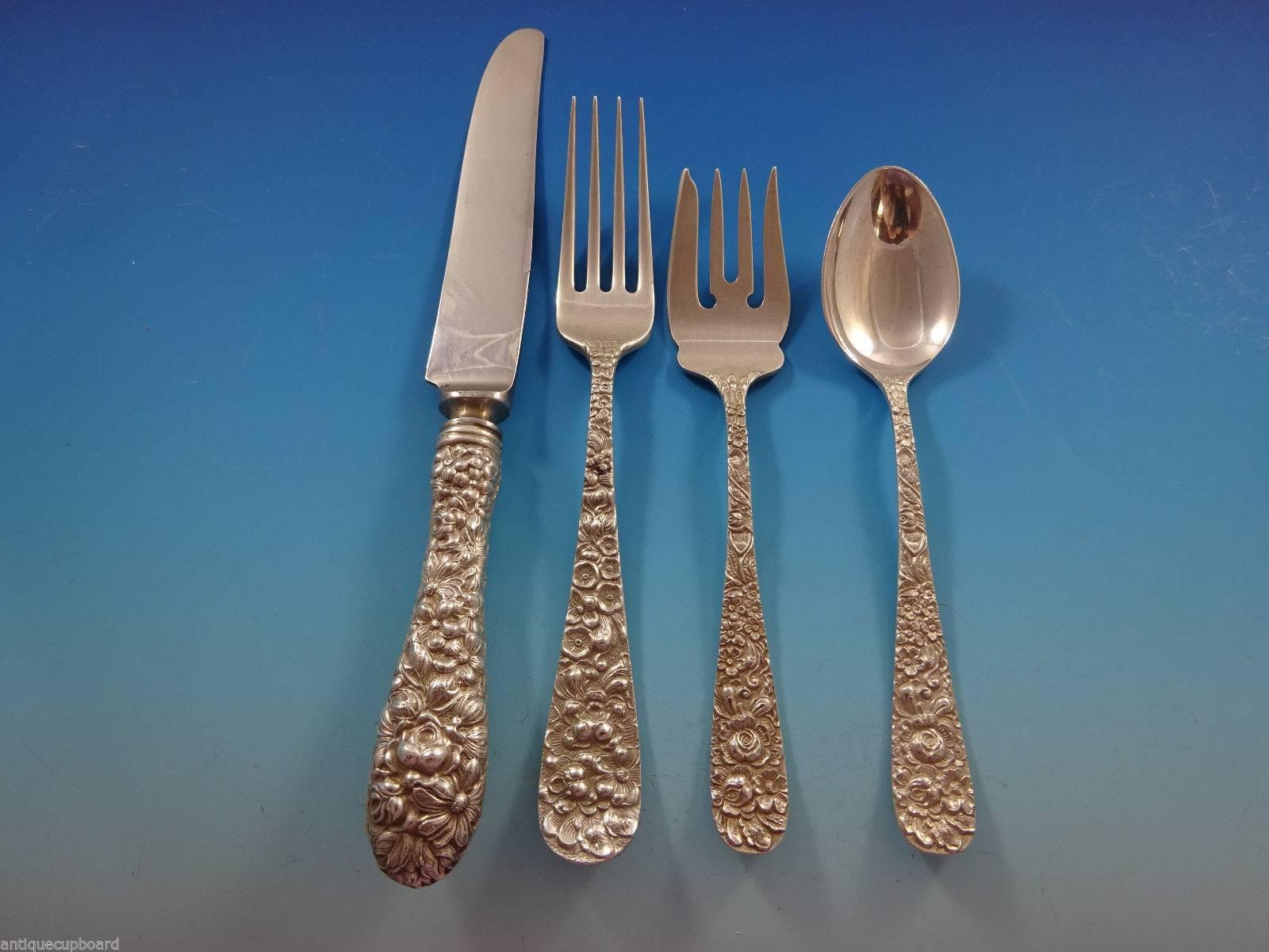 Rose by Stieff Sterling Silver Flatware Set for 12 Service 85 Pieces Repousse In Excellent Condition In Big Bend, WI