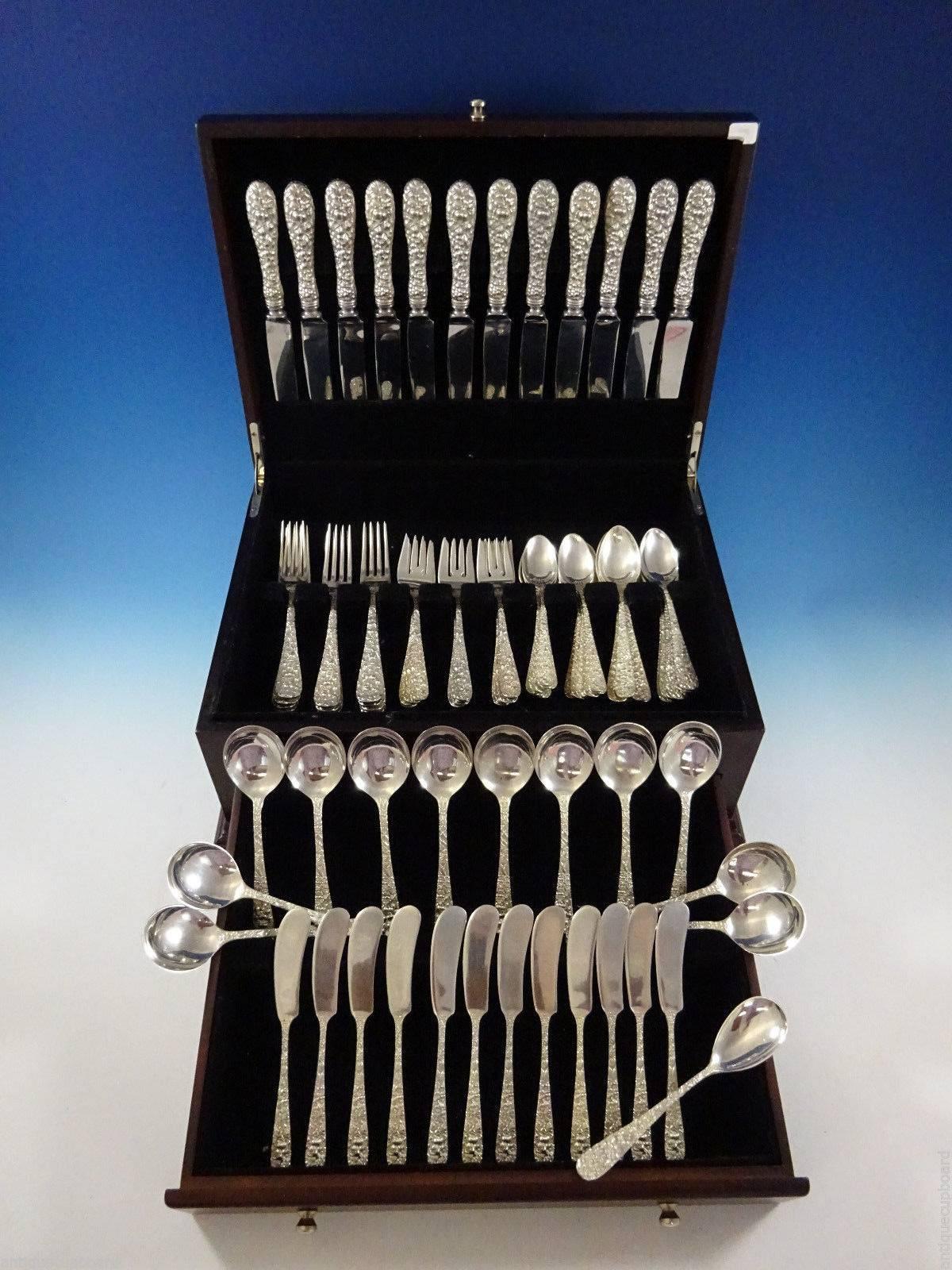 Rose by Stieff sterling silver flatware set of 85 pieces. This set includes: 

12 knives, 9
