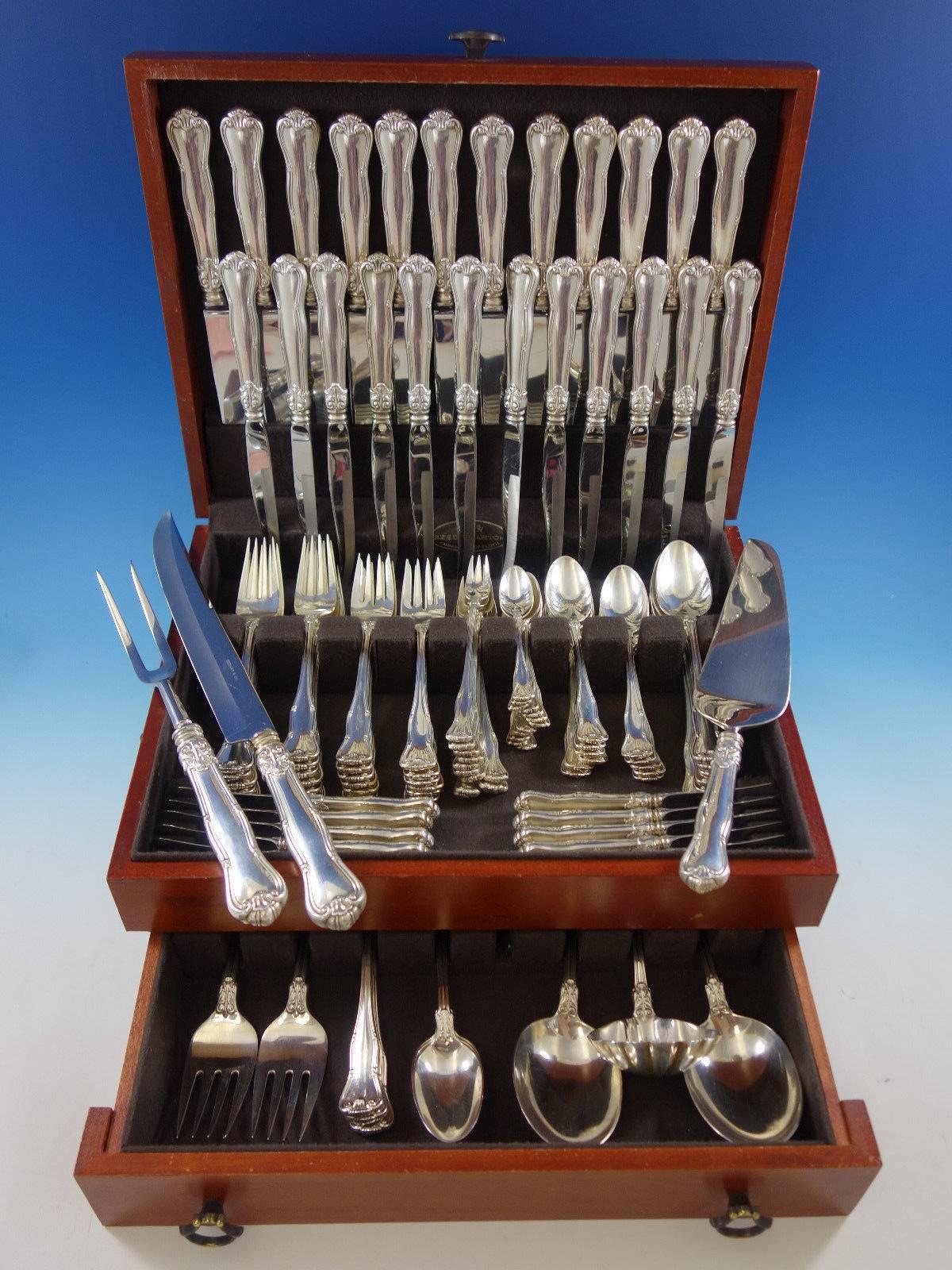 Dinner size Provence by Tiffany & Co. sterling silver flatware set, 116 pieces. This set includes: 12 dinner size knives, 9 3/4", 12 dinner size forks, 7 1/4", 12 salad forks, 6 1/2", 12 teaspoons, 6", 12 place soup spoons, 7