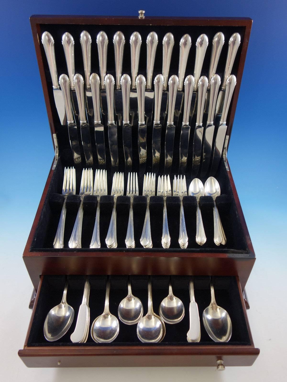Dinner and lunch size Romantique by Alvin sterling silver flatware set, 98 pieces. This set includes: 

12 dinner knives, 9 5/8