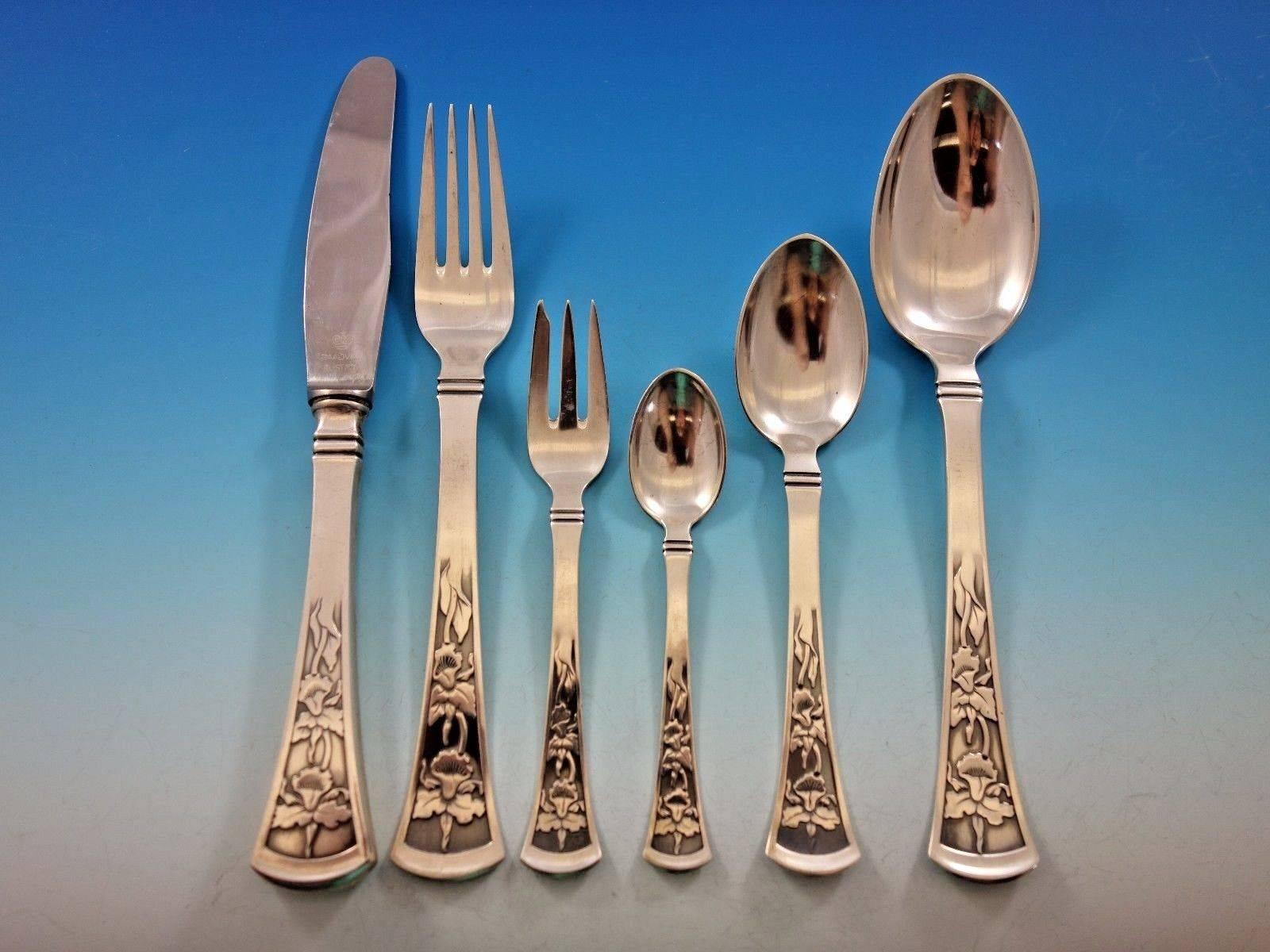 20th Century Orchid by W & S Sorensen Sterling Silver Flatware Set Dinner Service 48 Pcs For Sale