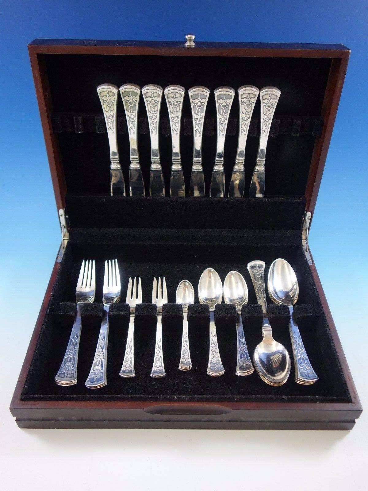 Orchid by W & S Sorensen Sterling Silver Flatware Set Dinner Service 48 Pcs In Excellent Condition For Sale In Big Bend, WI