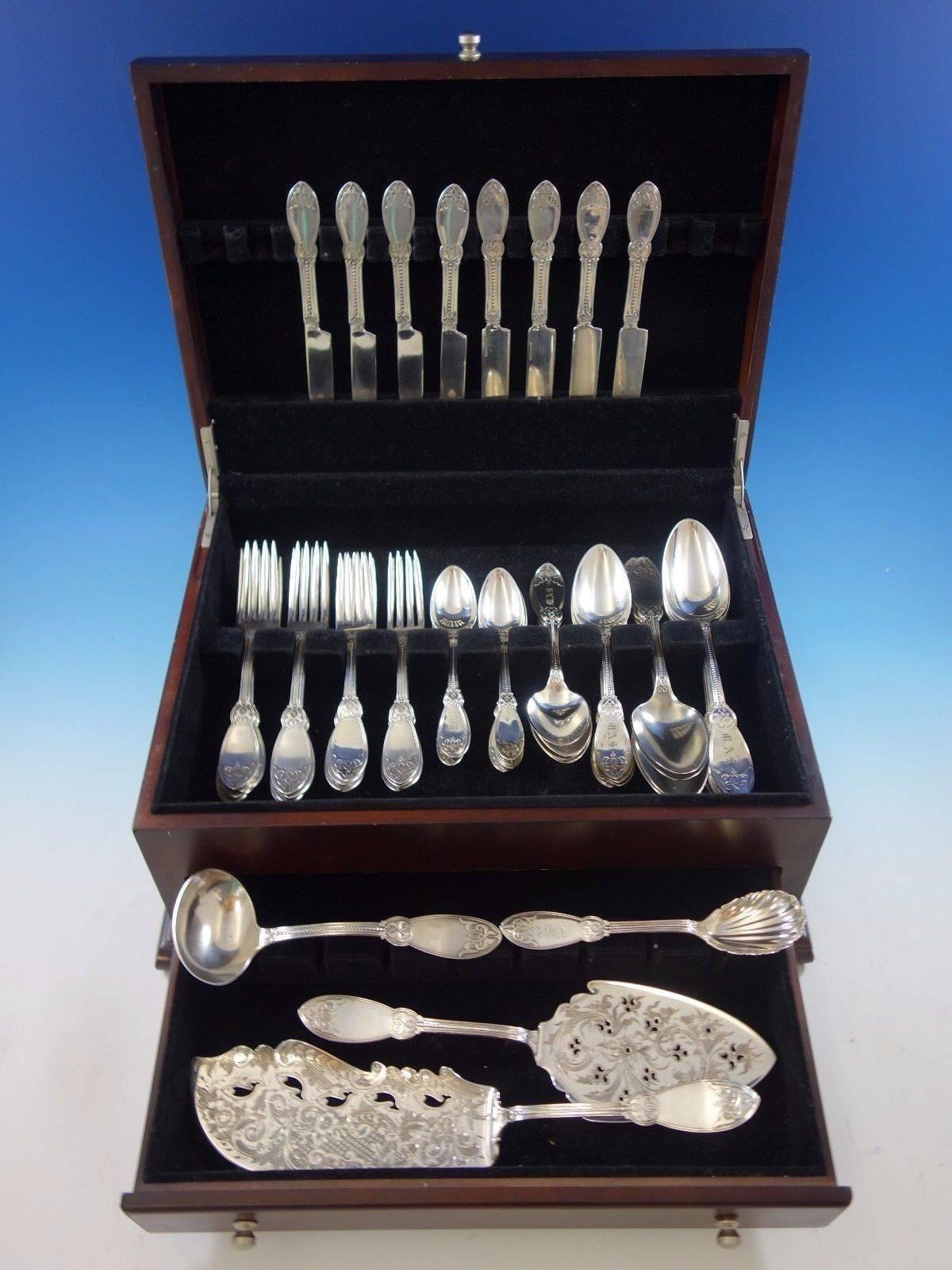 Oriental by John Polhamus / Shiebler sterling silver flatware set, 52 pieces. This set includes: 

Eight knives, flat handle, 7 7/8