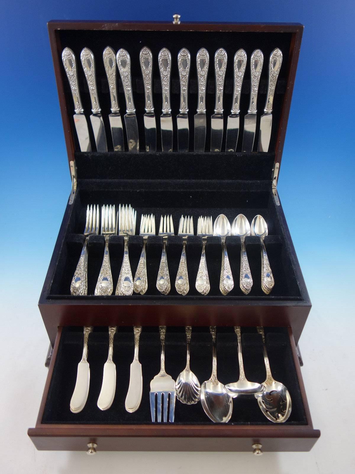 Rose by Kirk sterling silver flatware set, 77 pieces. This set includes:

12 knives, 9 1/8