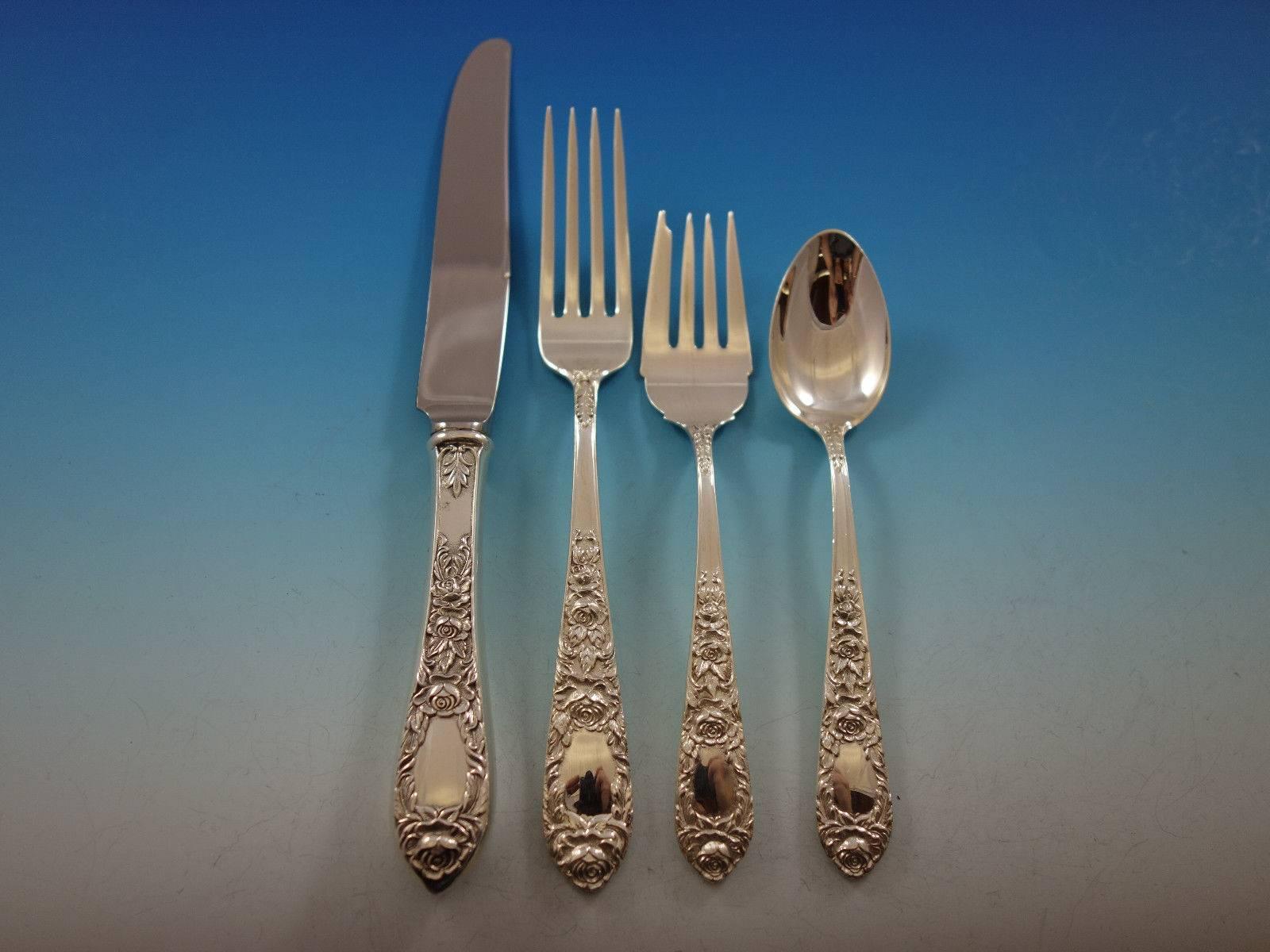 Rose by Kirk Sterling Silver Flatware Set for 12 Service 77 Pieces In Excellent Condition For Sale In Big Bend, WI