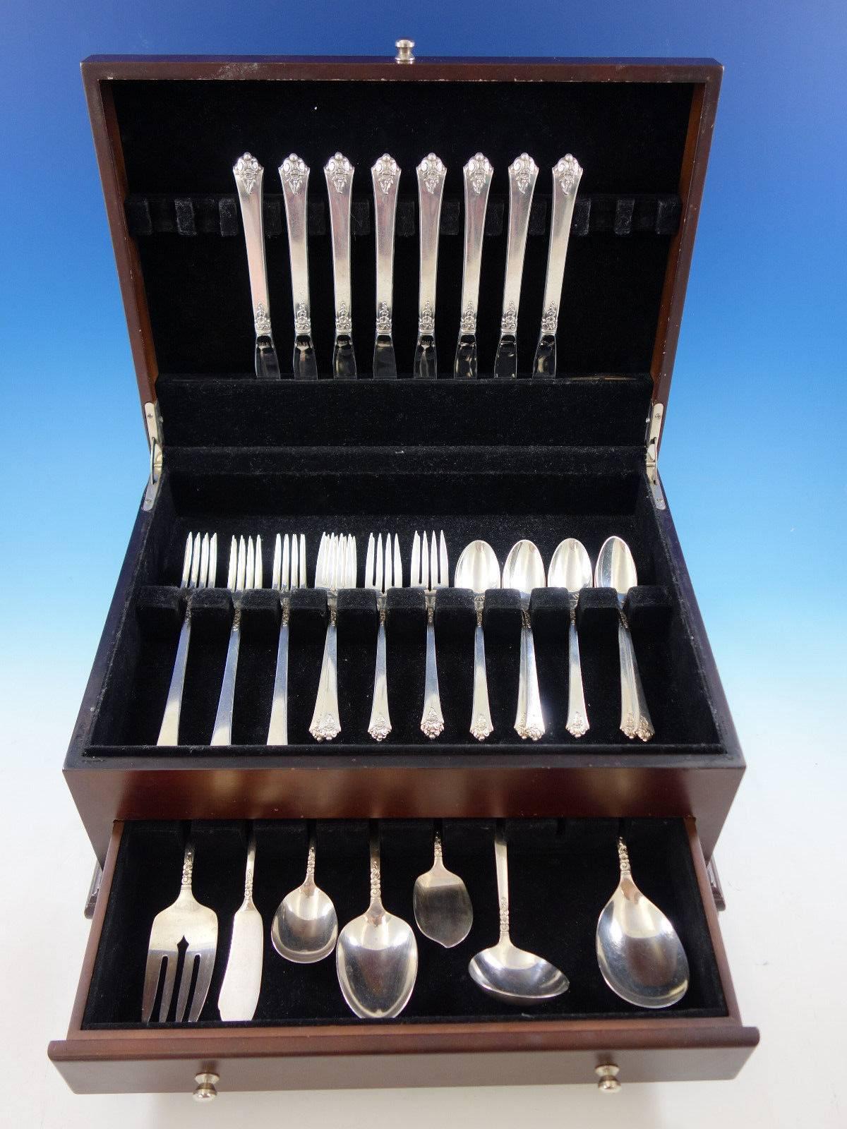Grille size castle rose by Royal Crest sterling silver flatware set, 39 pieces. This set includes: 

Eight grille size knives, (with long handles) 8 3/8