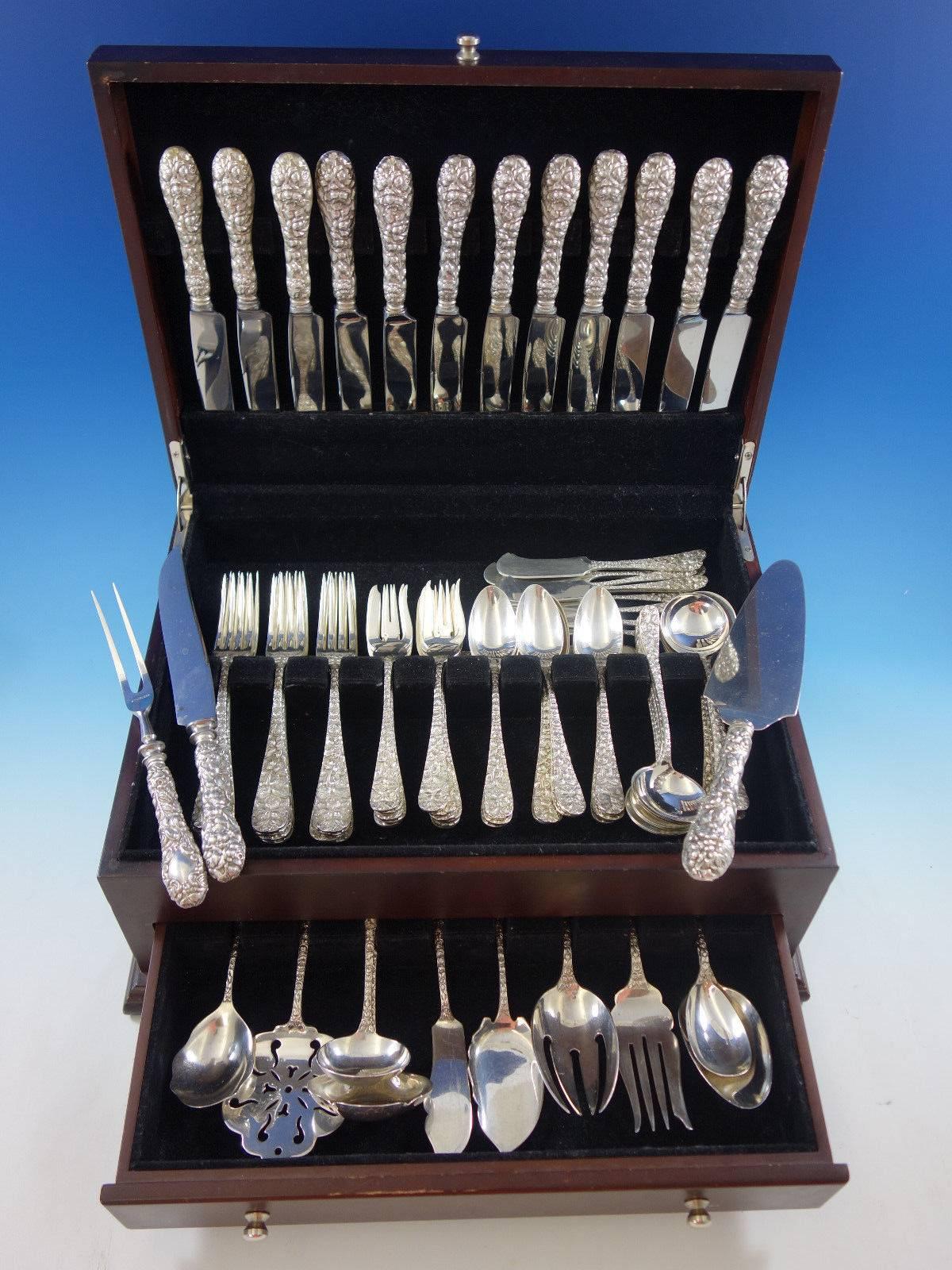 Baltimore rose by Schofield repousse sterling silver flatware set, 84 Pieces. This set includes: 

12 knives, 8 3/4