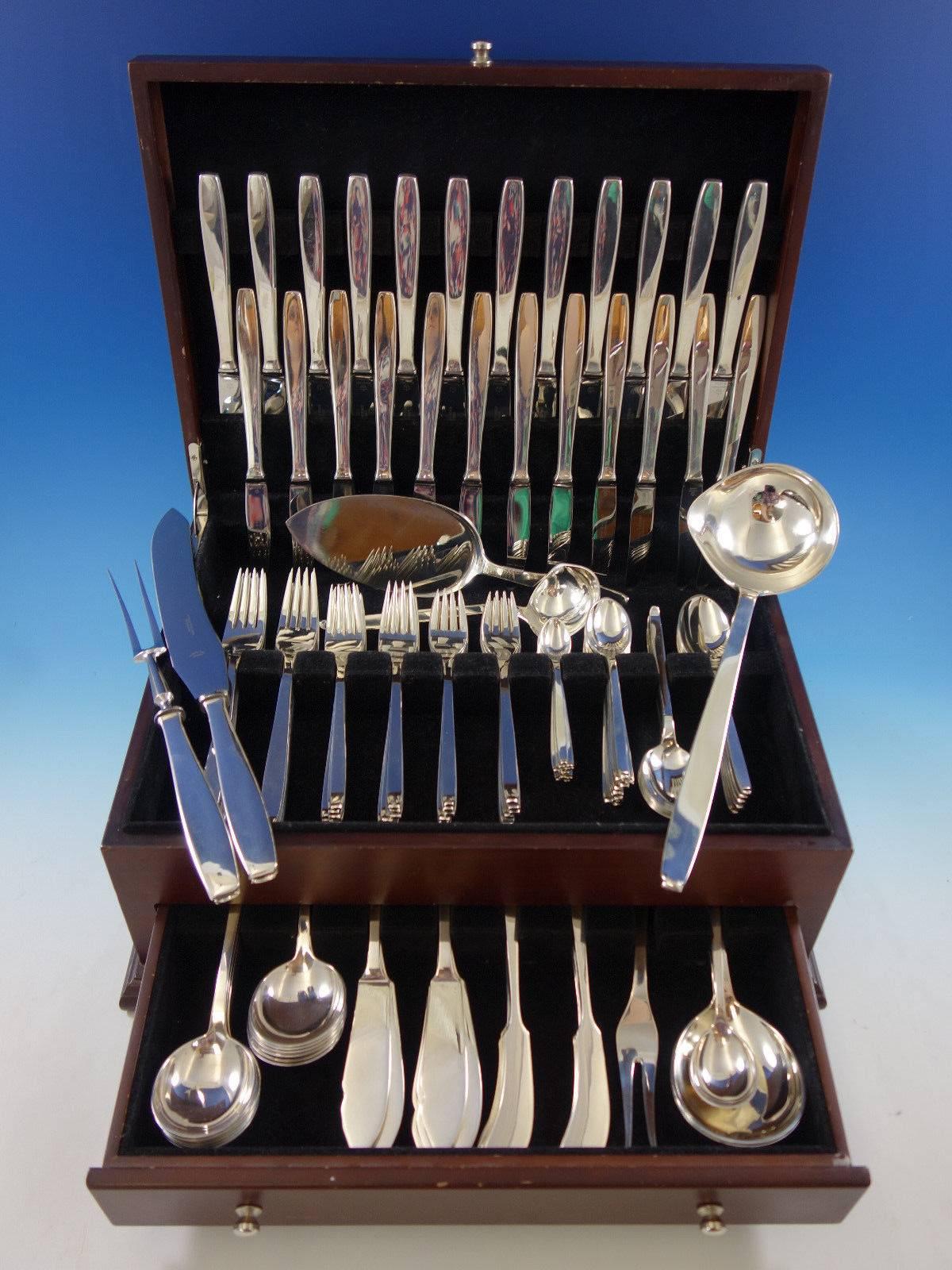 Funkis AKA pattern #29 by Evald Nielsen Danish sterling silver moderne flatware set, 140 pieces. This set includes: 

12 dinner knives, 8 3/8