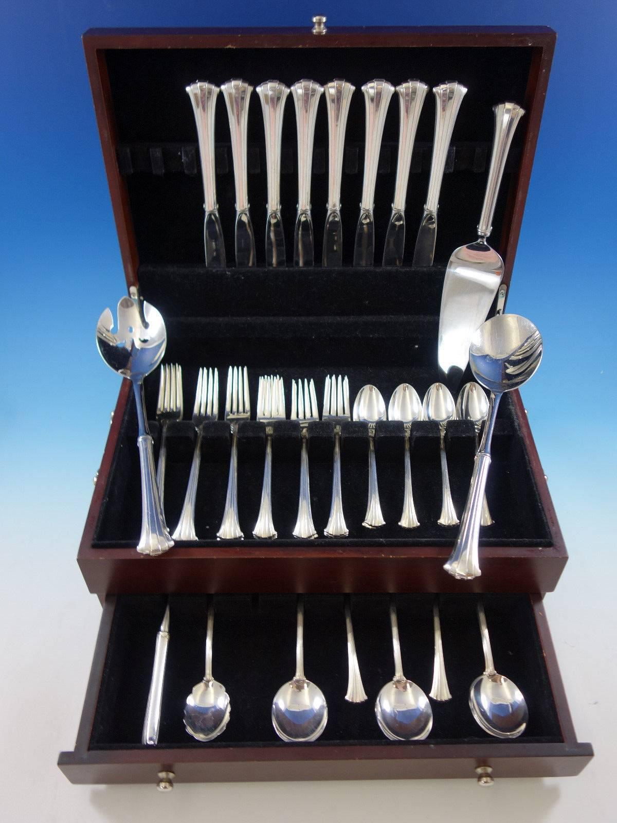 Newport Scroll by Gorham sterling silver flatware set, 45 Pieces. This set includes: 

Eight place size knives, 9 1/8