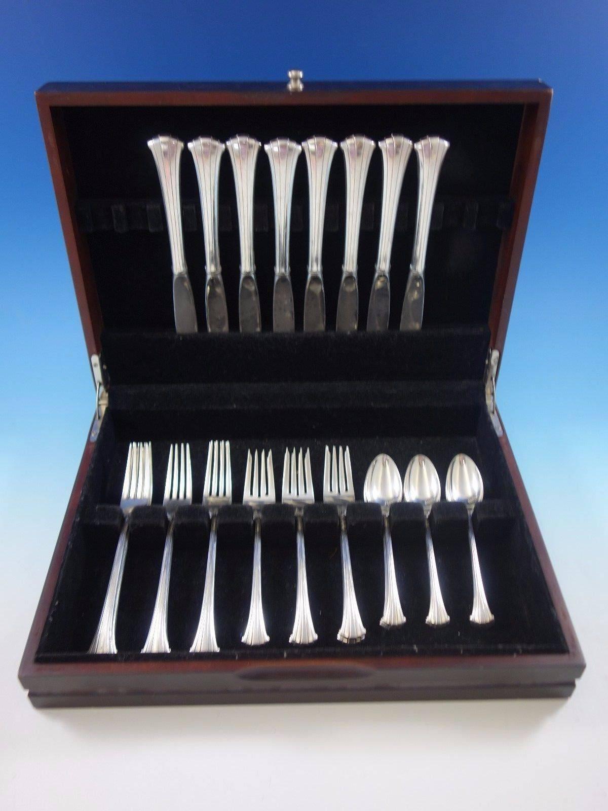 Newport scroll by Gorham sterling silver place size flatware set, 32 pieces. This set includes: 

eight place size knives, 9 1/8