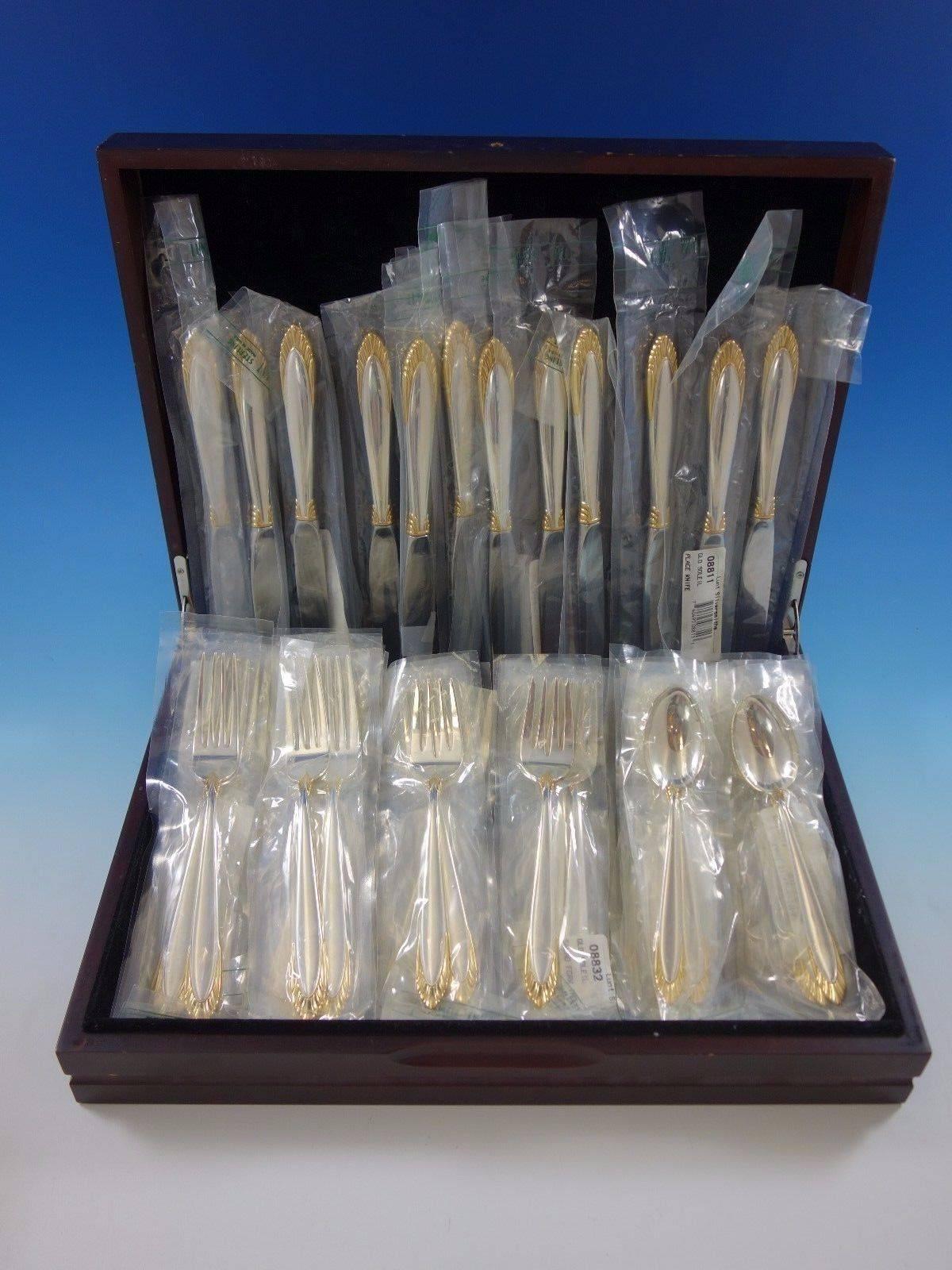 Soliel Gold by Lunt Sterling Silver Flatware Set for 12 Service 48 Pieces New In Excellent Condition In Big Bend, WI