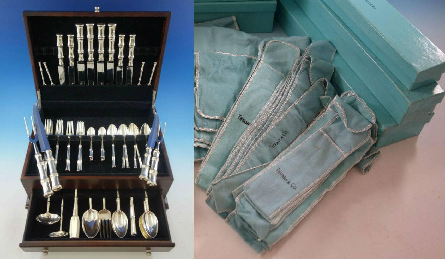 Bamboo by Tiffany & Co. sterling silver flatware set, 57 pieces. This set includes: eight knives, 4 - 9 3/8" & 4 - 8 1/4", eight forks, 4 - 7 1/2" & 4 - 6 3/4", eight teaspoons, 5 3/4", eight place soup spoons, 7