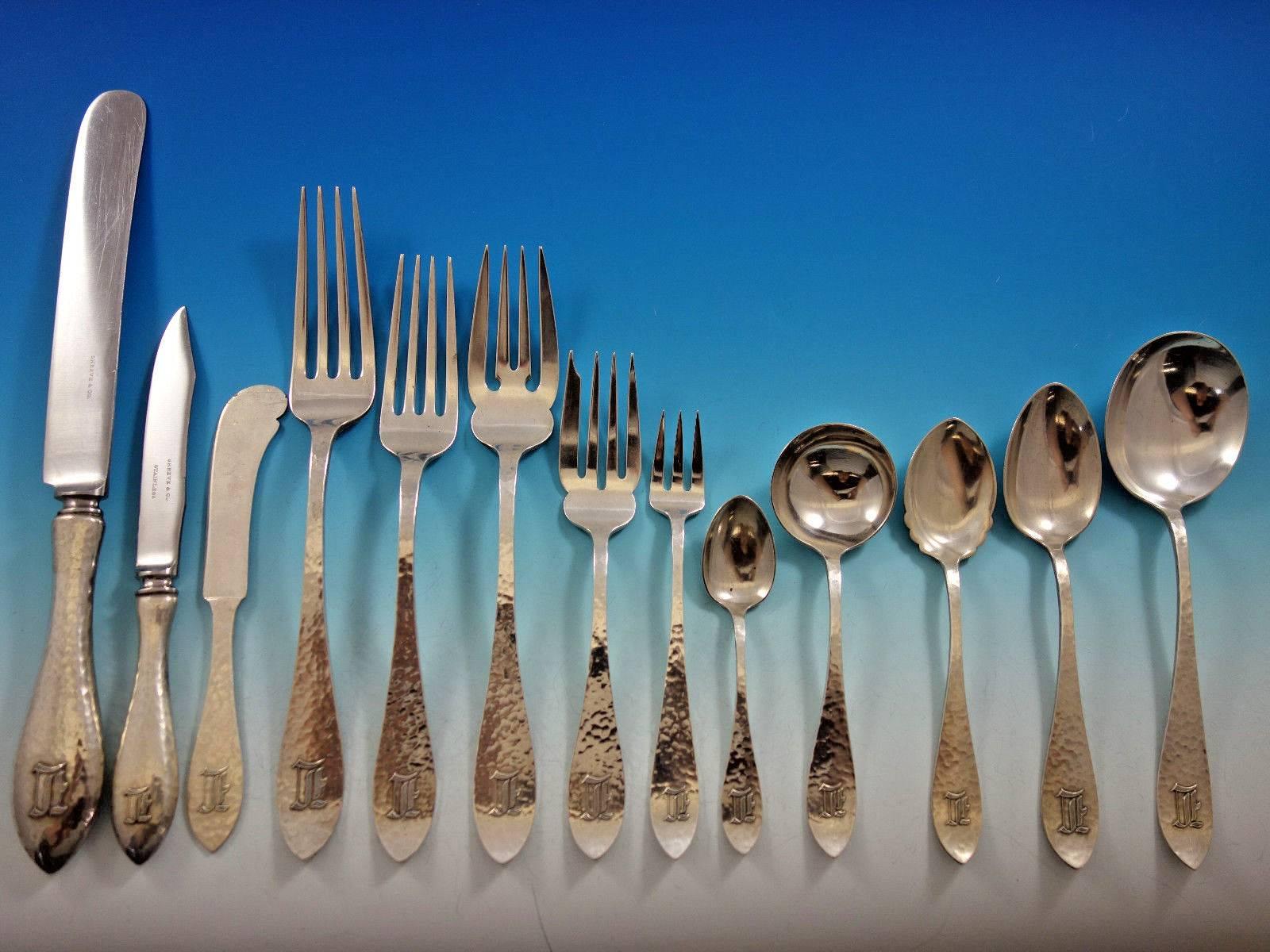 Antique Hammered by Shreve Sterling Silver Flatware Set Service Dinner 158 Pcs In Excellent Condition In Big Bend, WI