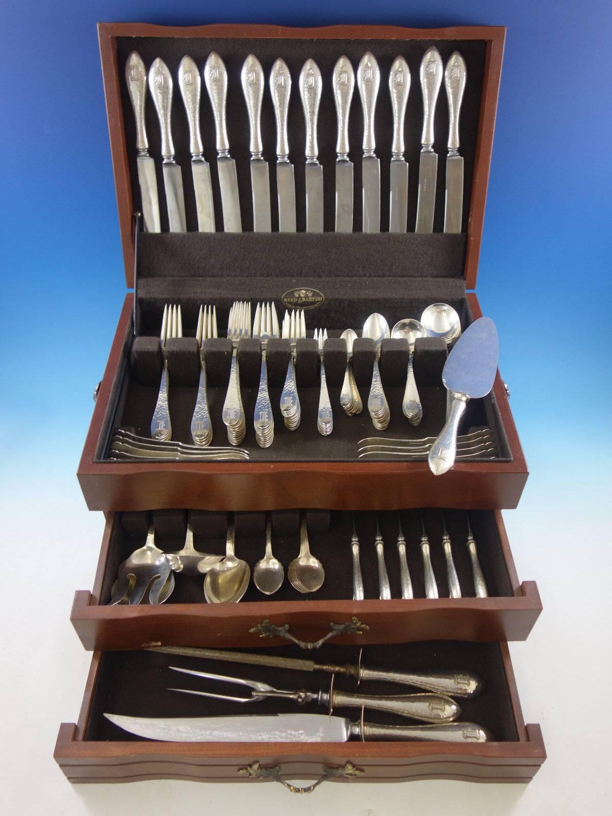 Dinner size antique hammered by Shreve handmade sterling silver flatware set 158 pieces. This set includes: 12 dinner knives, 9 3/4