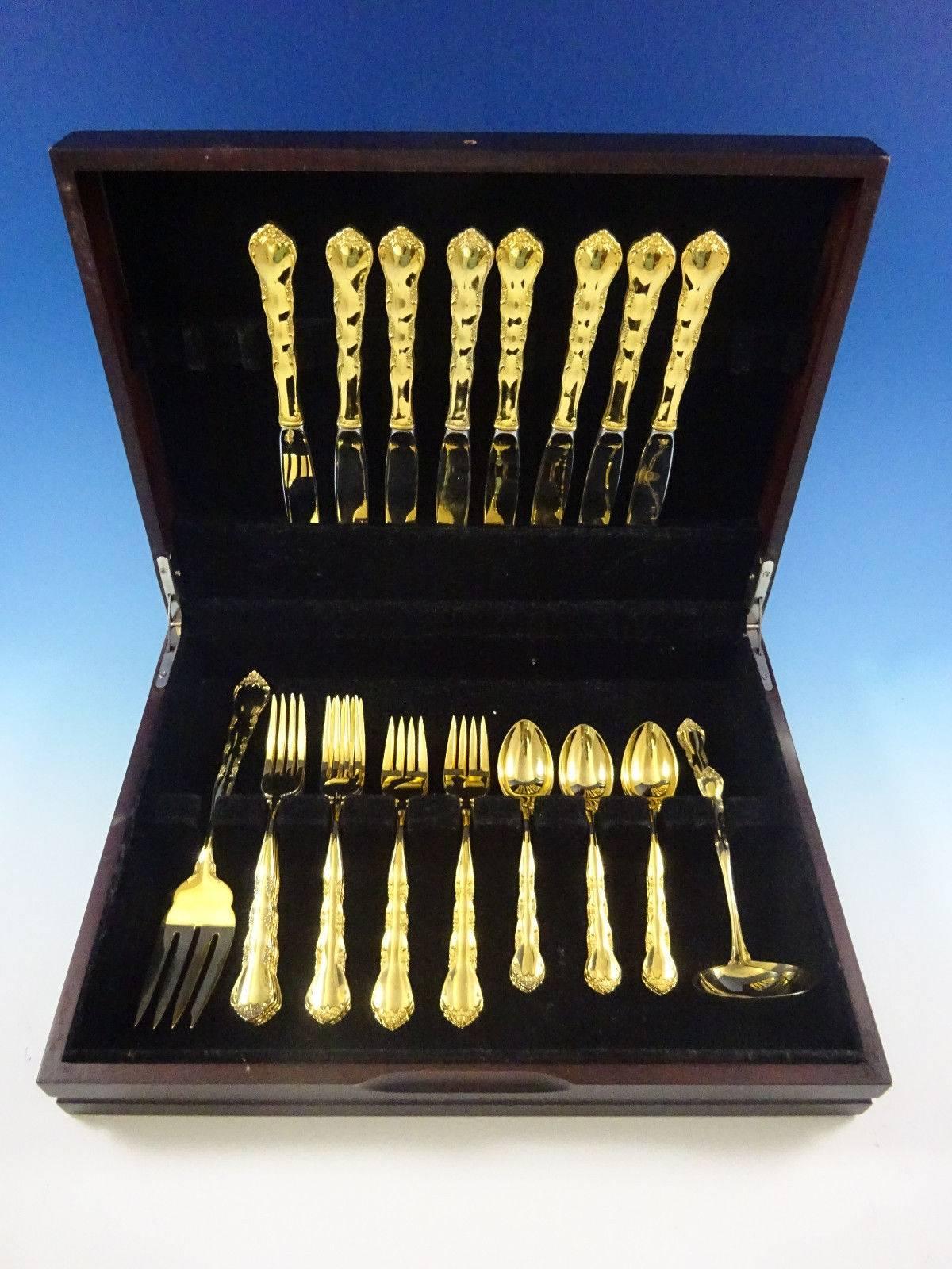 Cheryl gold by Kirk sterling silver vermeil flatware set - 35 pieces. This beautiful set is completely vermeil (gold washed). This set includes: 

eight knives, 9 1/8