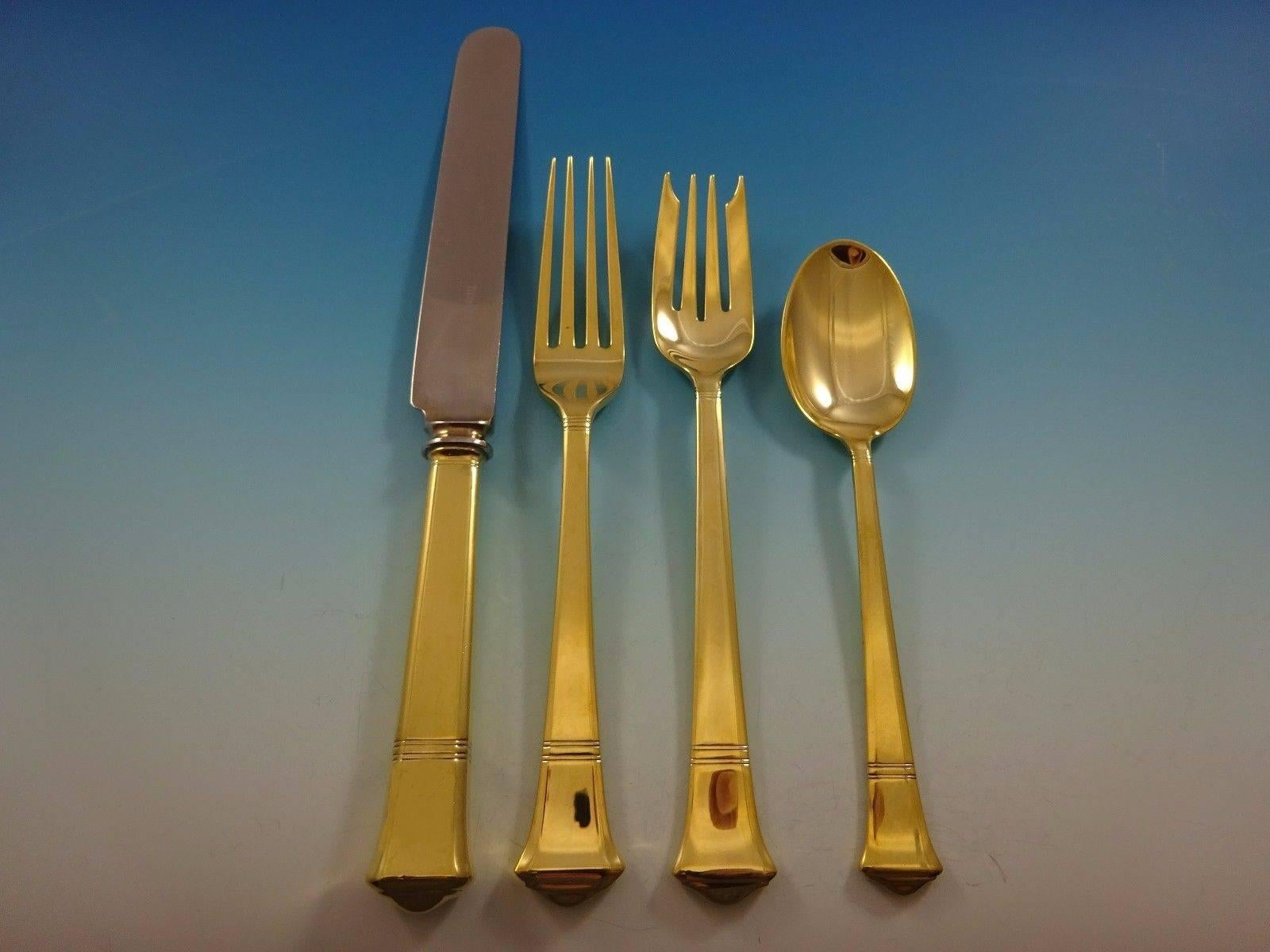 Windham Gold by Tiffany and Co. sterling silver flatware set of 24 pieces. This set is vermeil (completely gold-washed) and includes: 

Six knives, 9 3/8
