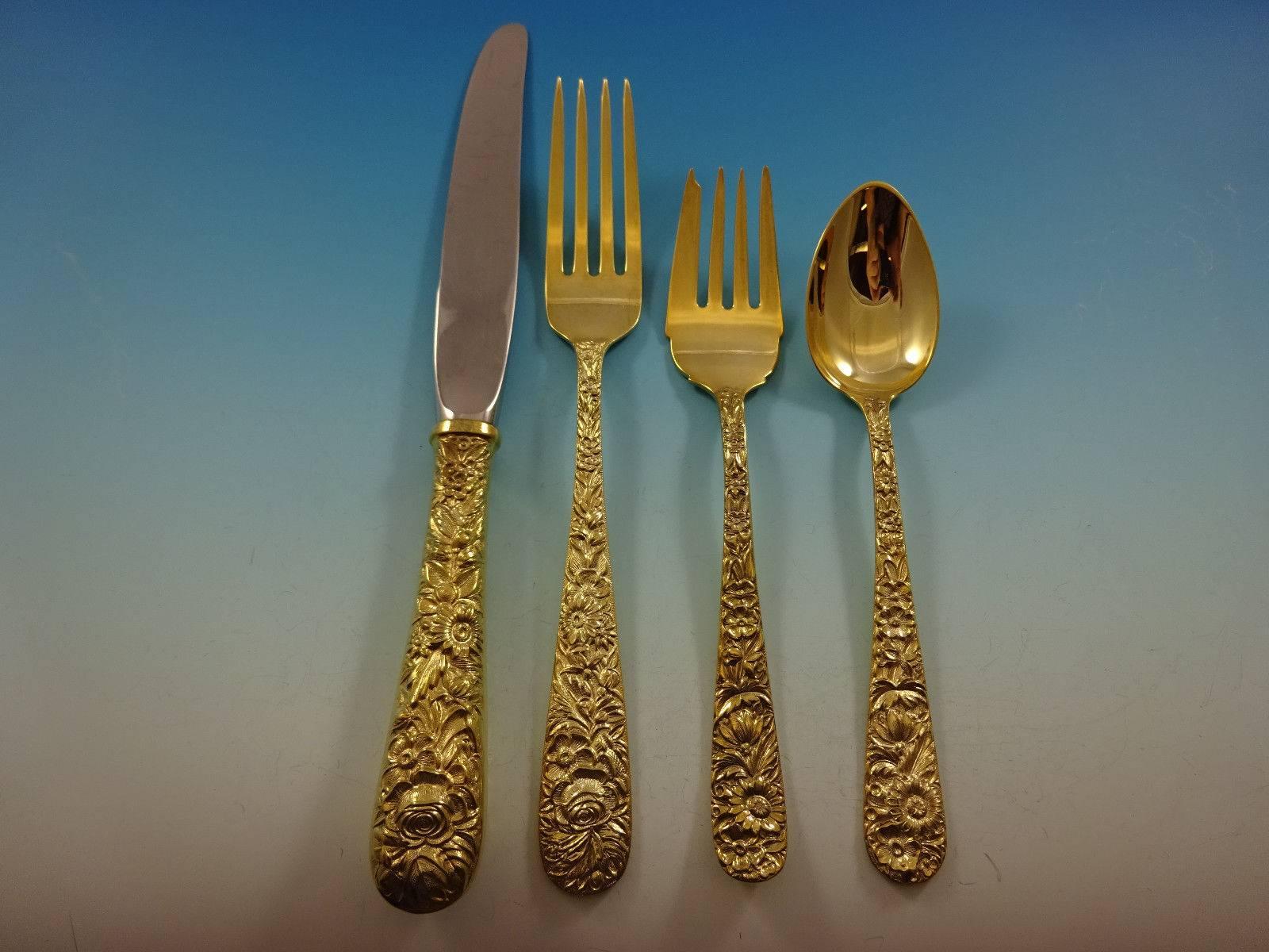 Add some luxe to your life with this fabulous repousse gold by kirk sterling silver flatware set - 48 pieces. Gold flatware is on trend and makes a bold statement on your table. This set is vermeil (completely gold-washed) and includes: 12 knives, 8