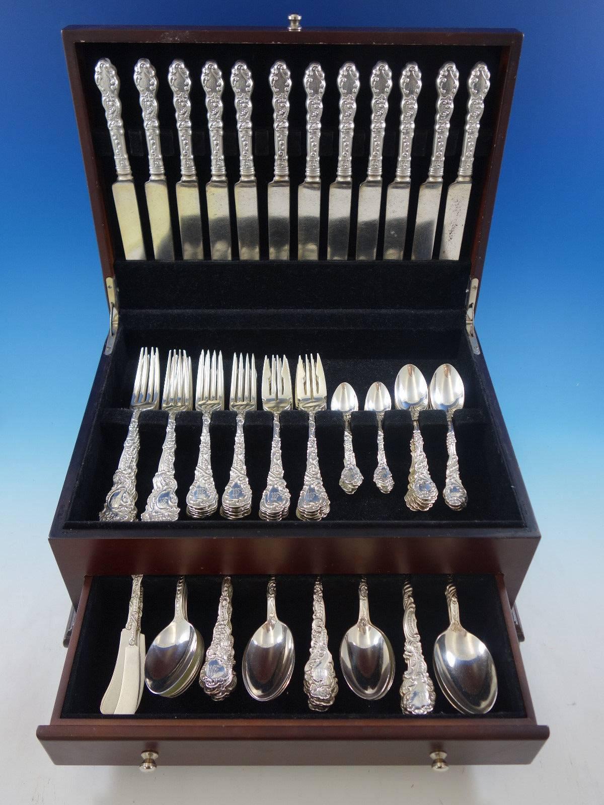 Marie Antoinette by Gorham sterling silver dinner size flatware set of 114 pieces. This set includes: 12 dinner size knives with blunt silver plated blades, 9 1/2