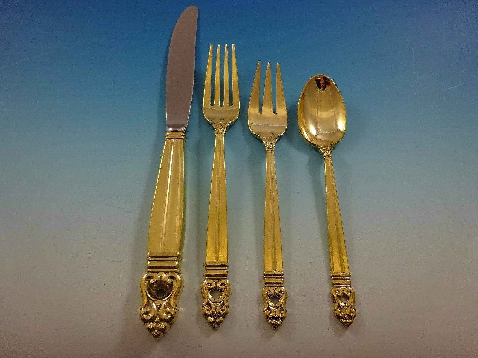Royal Danish Gold by International Sterling Silver Flatware Set Service Vermeil In Excellent Condition For Sale In Big Bend, WI