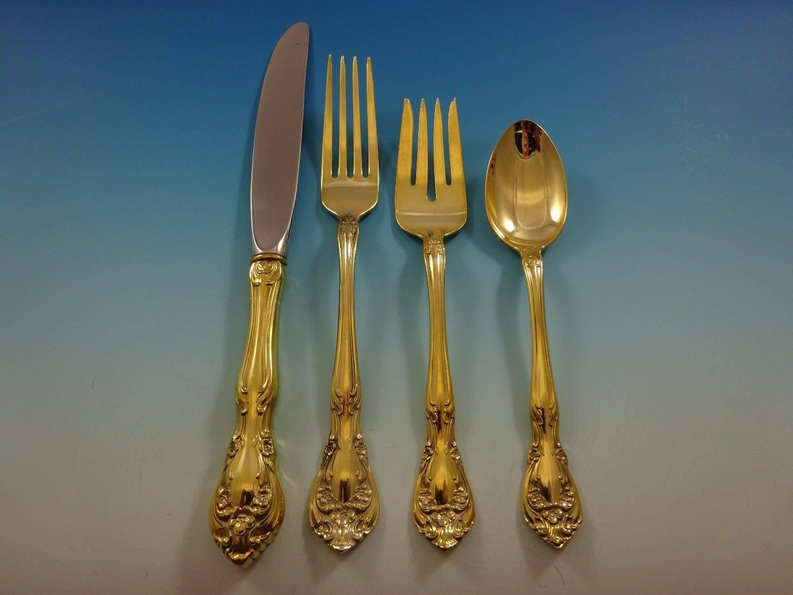 Chateau rose gold by Alvin sterling silver flatware set - 24 pieces. Gold flatware is on trend and makes a bold statement on your table. This set is vermeil (completely gold-washed) and includes: 

six knives, 8 7/8