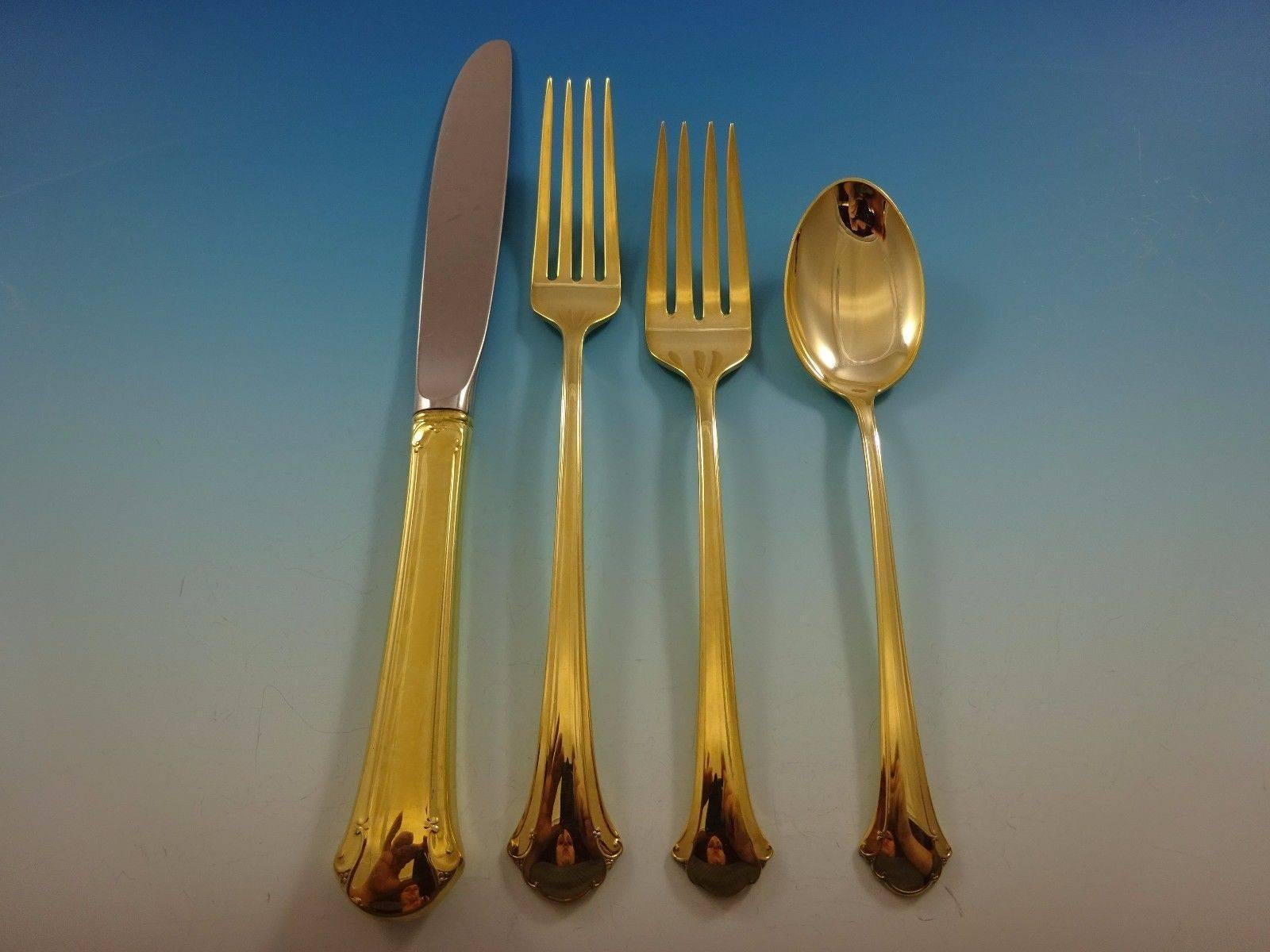 Chippendale gold by Towle sterling silver flatware set - 24 pieces. Gold flatware is on trend and makes a bold statement on your table. This set is vermeil (completely gold-washed) and includes: 

six knives, 8 7/8