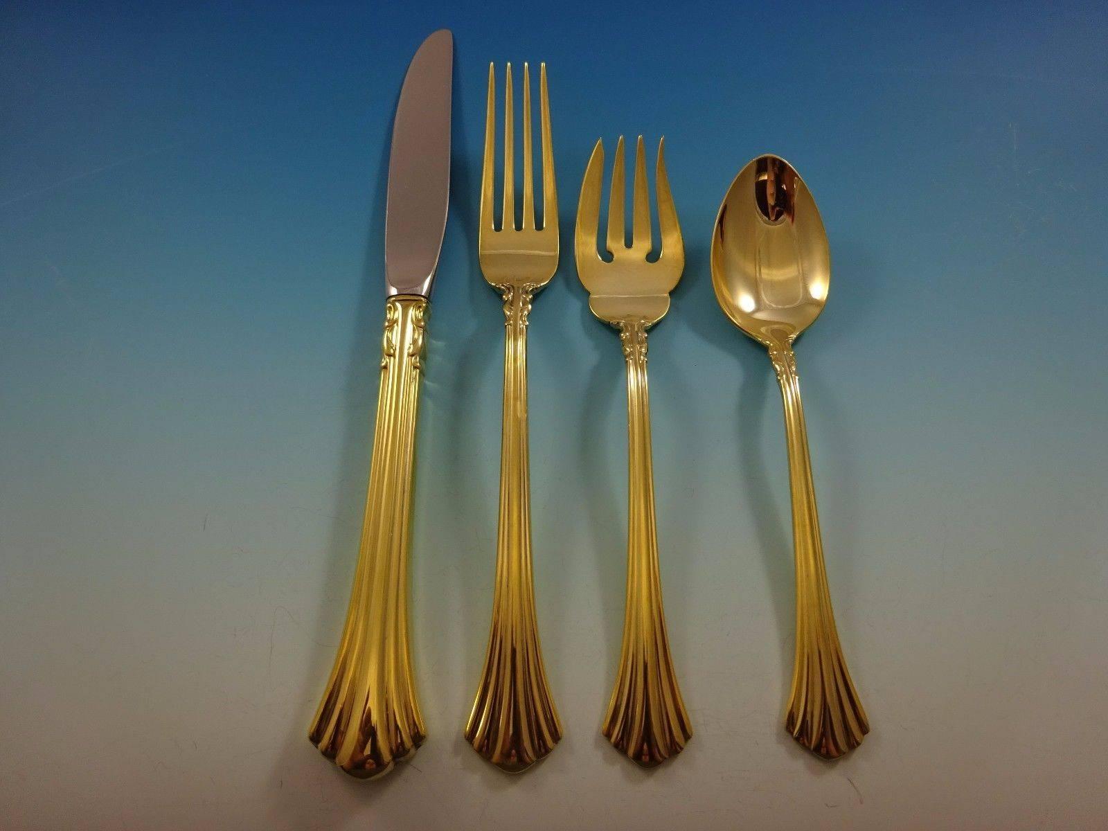 18th century gold by Reed & Barton sterling silver flatware set, 32 pieces. Gold flatware is on trend and makes a bold statement on your table. This set is vermeil (completely gold-washed) and includes: Eight knives, 9