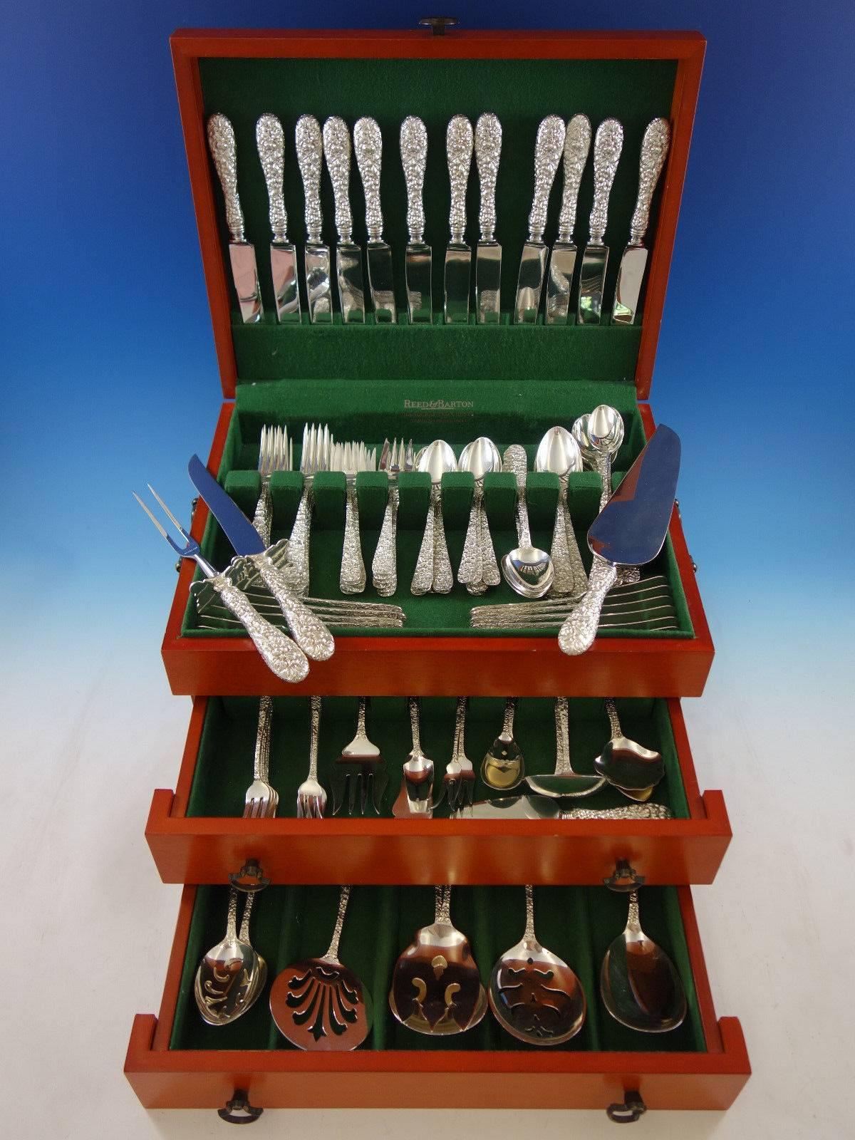 Rose by Stieff sterling silver repousse flatware set with many servers, 118 pieces. This set includes: 

12 knives, 8 7/8