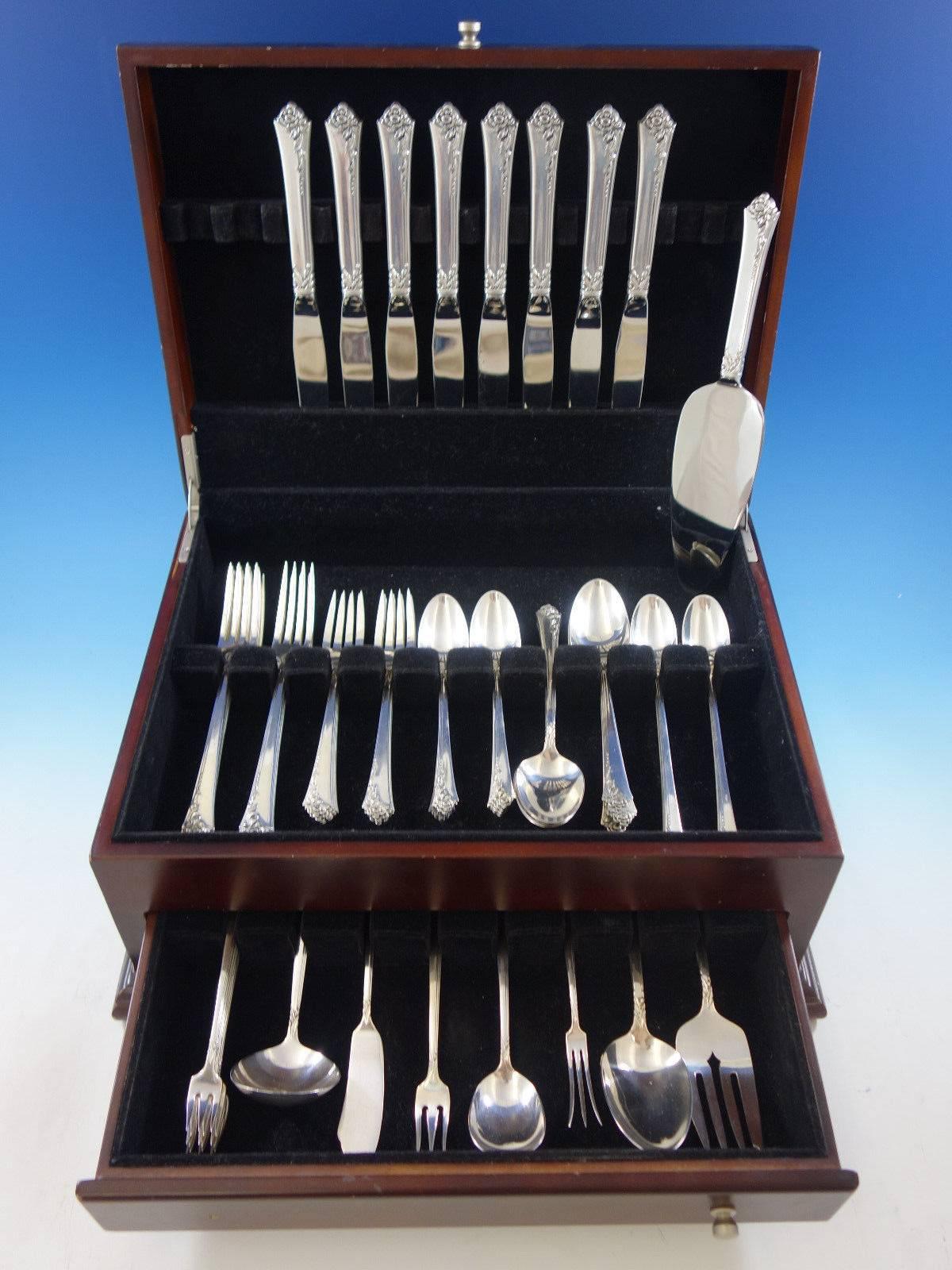 Damask rose by Oneida sterling silver flatware set, 64 pieces. This set includes: Eight dinner size knives, 9 1/2