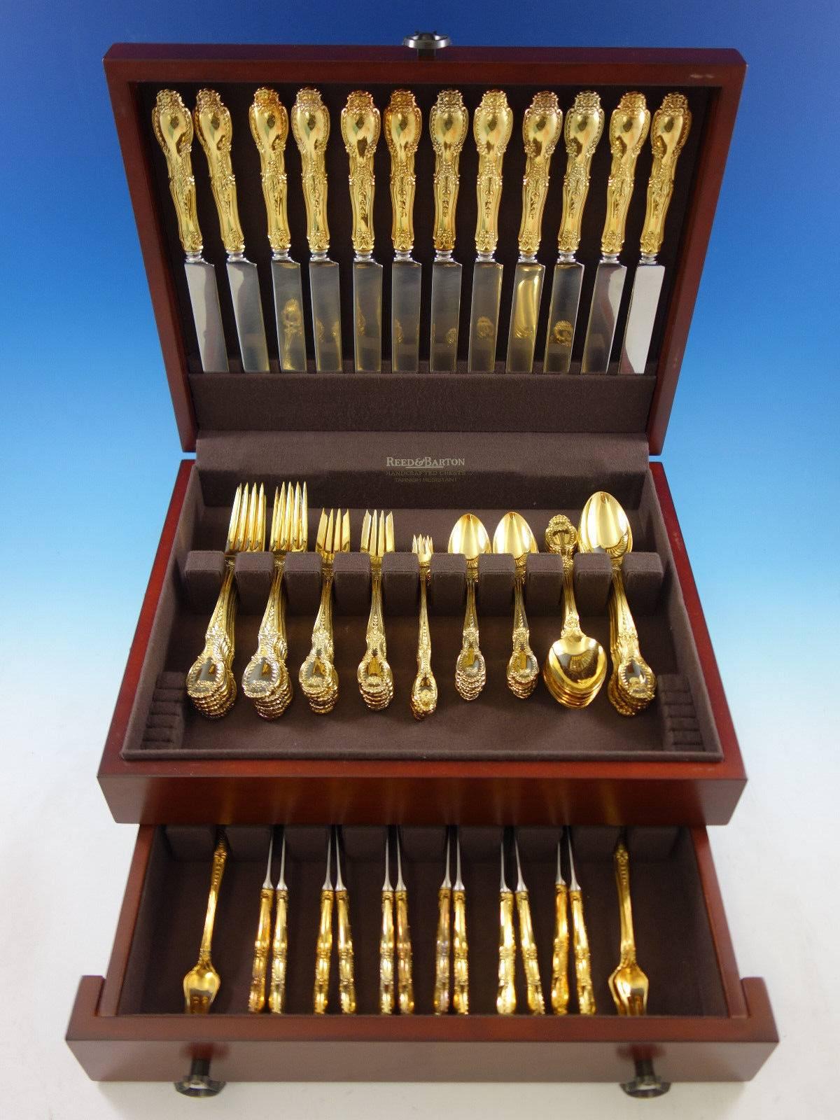 Richelieu by Tiffany & Co. vermeil (completely gold-washed) sterling silver flatware set, 84 pieces. This set includes: 12 dinner size knives, 10 1/4