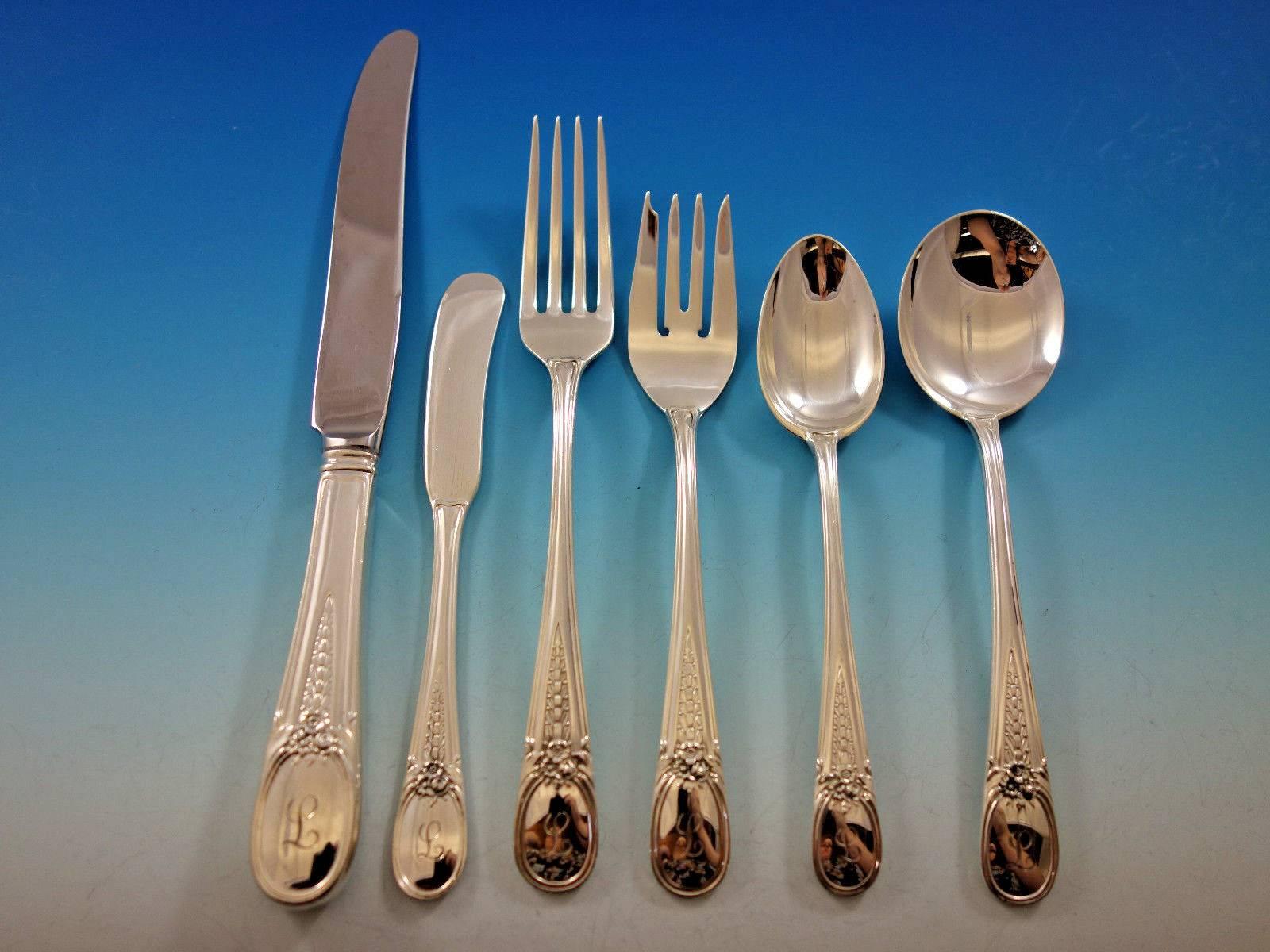 Flowered Antique by Blackinton Sterling Silver Flatware Set Service 79 Pc L Mono In Excellent Condition For Sale In Big Bend, WI