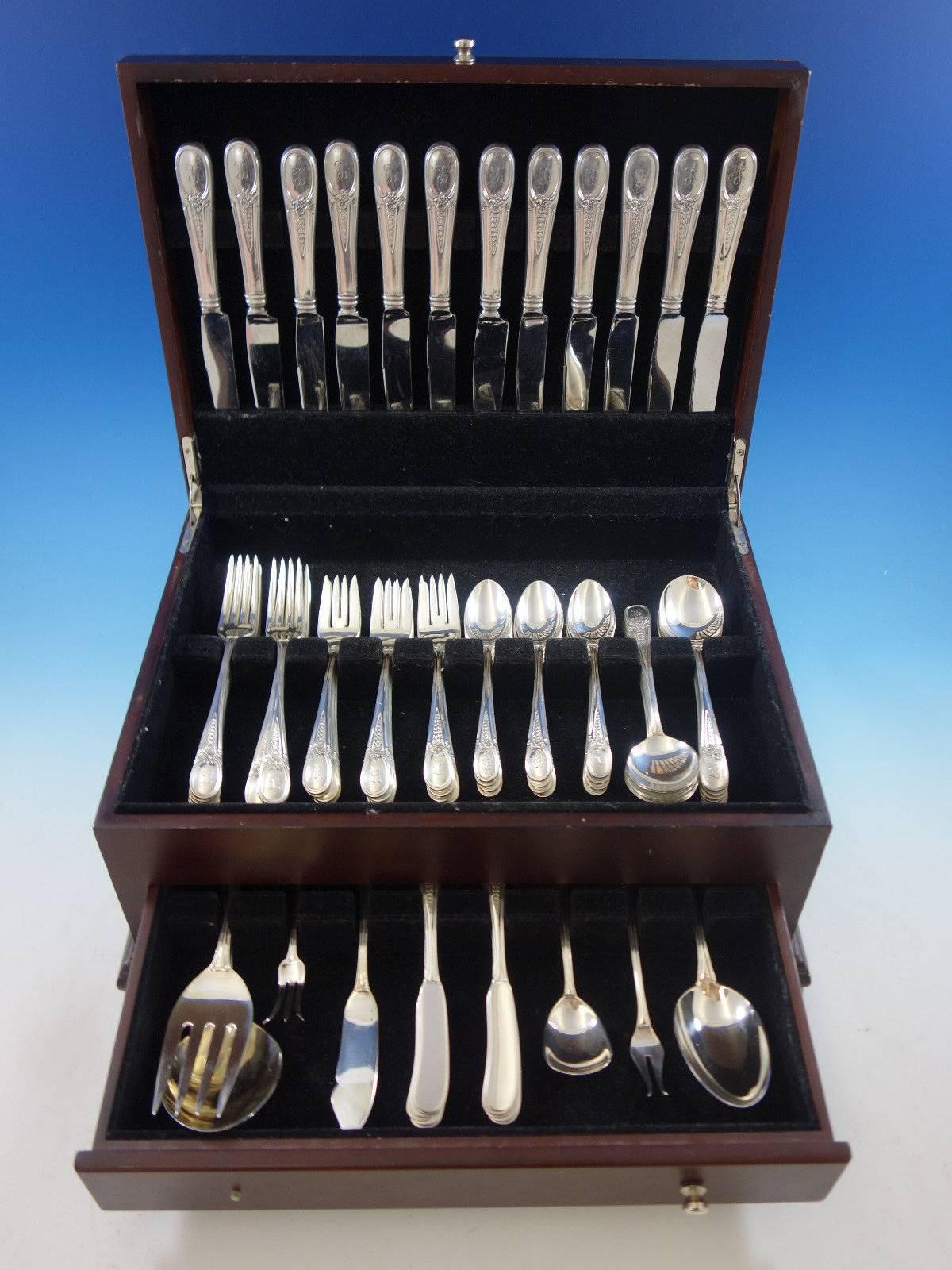 Flowered antique by Blackinton (stamped Georg Jensen USA) sterling silver flatware set, 79 pieces. This set includes: 

12 knives, 9