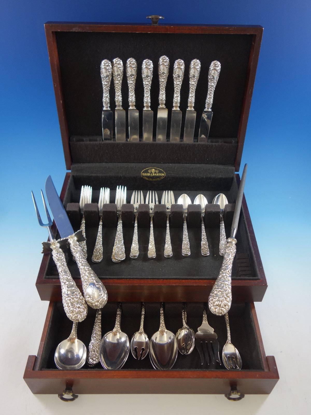 Chrysanthemum by Stieff sterling silver flatware set, 62 pieces. This set includes: 

Eight knives, six- blunt blade, two-French blade, 8 7/8