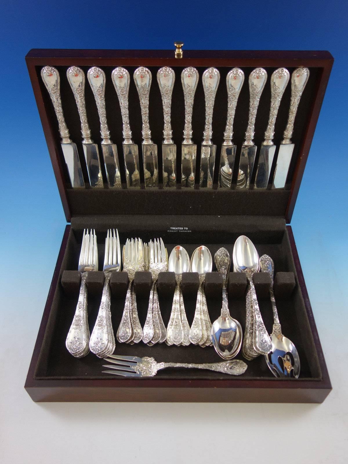 Dauphin by Durgin/Gorham sterling silver flatware set, 62 pieces. This set includes: 12 dinner size knives, with blunt plated blades, 9 7/8