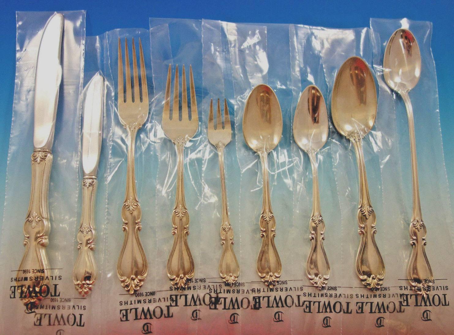New, unused queen Elizabeth I by Towle sterling silver flatware set, 78 pieces. This set includes: 

eight place knives, 9