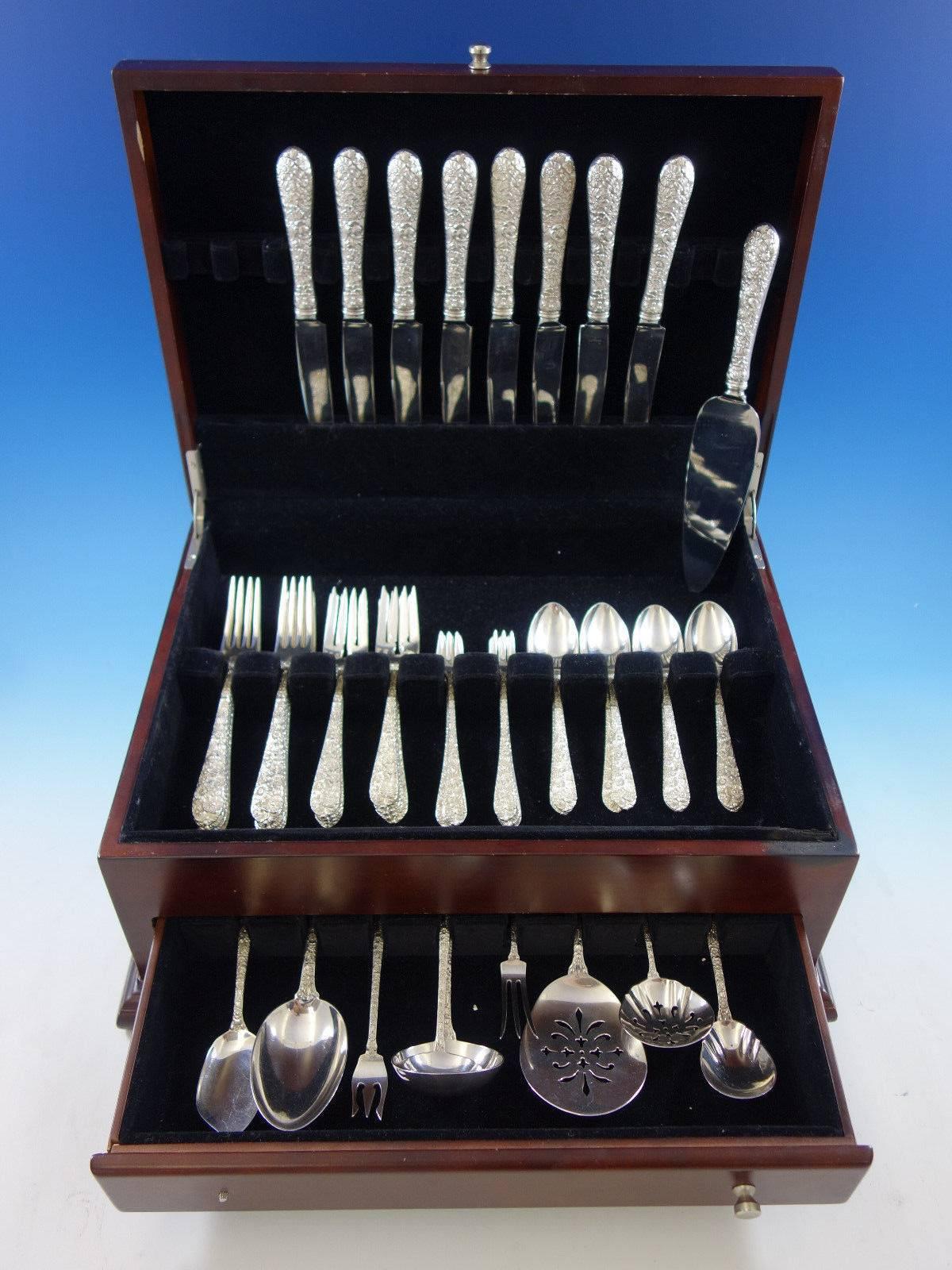 Bridal Bouquet by Alvin repousse sterling silver flatware set of 50 pieces. This set includes: 

Eight knives, 9