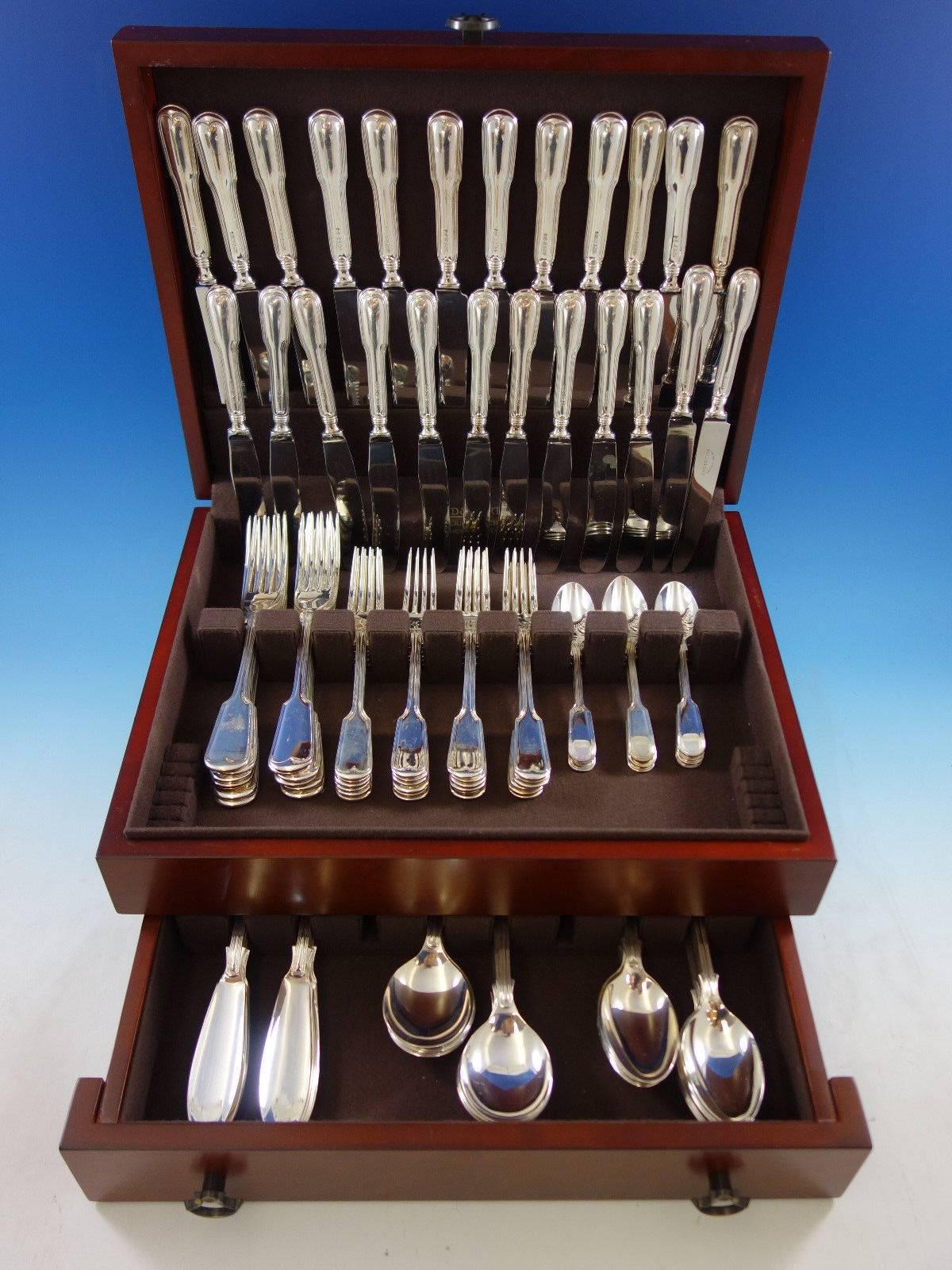Fiddle & Thread by Argentum sterling silver flatware set, 108 pieces. This set includes: 

12 dinner size knives, 9 5/8