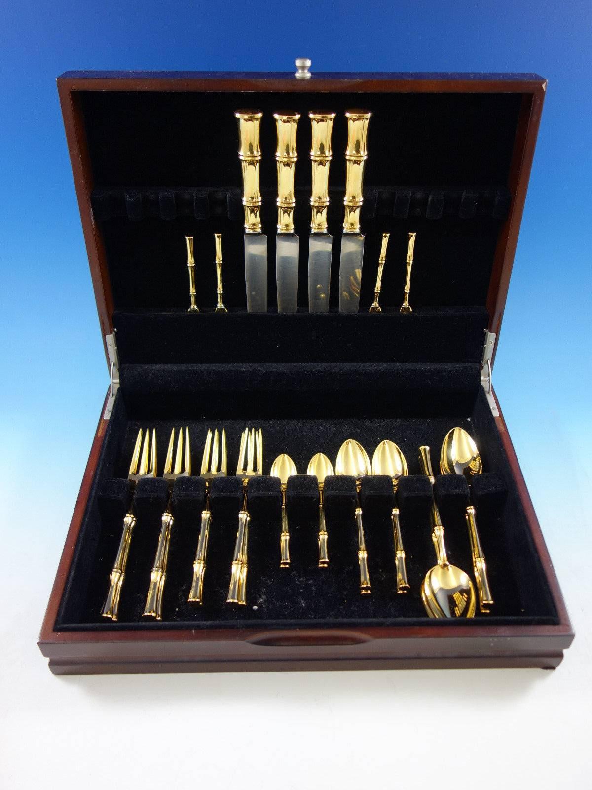 Bamboo Vermeil (completely gold-washed) by Tiffany & Co. sterling silver flatware set of 28 pieces. Great starter set! This set includes: Four dinner size knives, 9 1/2