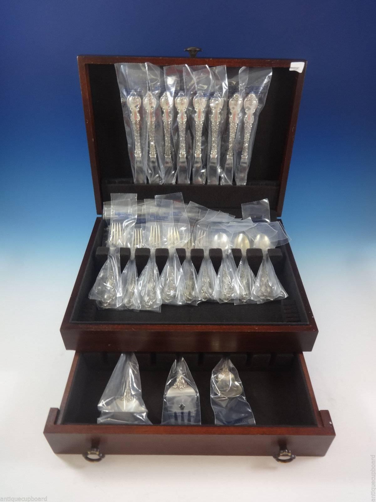 Du Barry by International sterling silver flatware set, 35 pieces, new and unused. The pieces are still in the factory sleeves! This set includes: Eight knives, 9