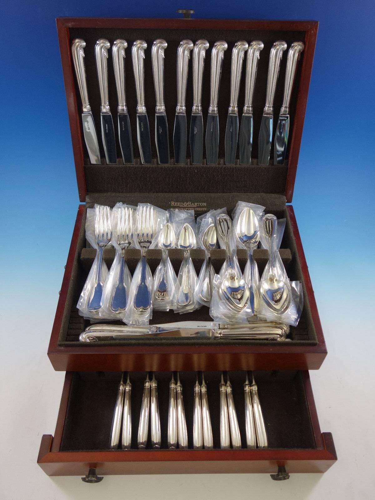 Coquille by Puiforcat 950 sterling silver flatware and unknown maker French sterling set of 78 pieces. This set includes: 

18 dinner size knives, pistol grip, 9 7/8
