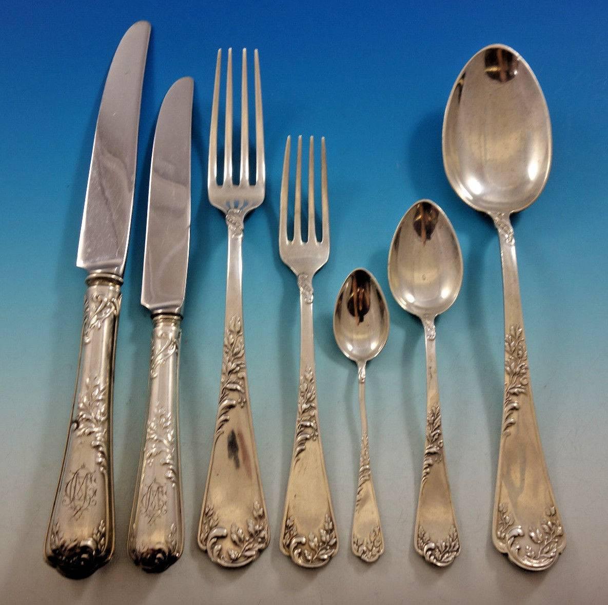 Art Nouveau German 800 Silver Flatware Set Service with lovely leaf detailing, 42 Pieces. This set includes: 

6 DINNER KNIVES, 10 1/8