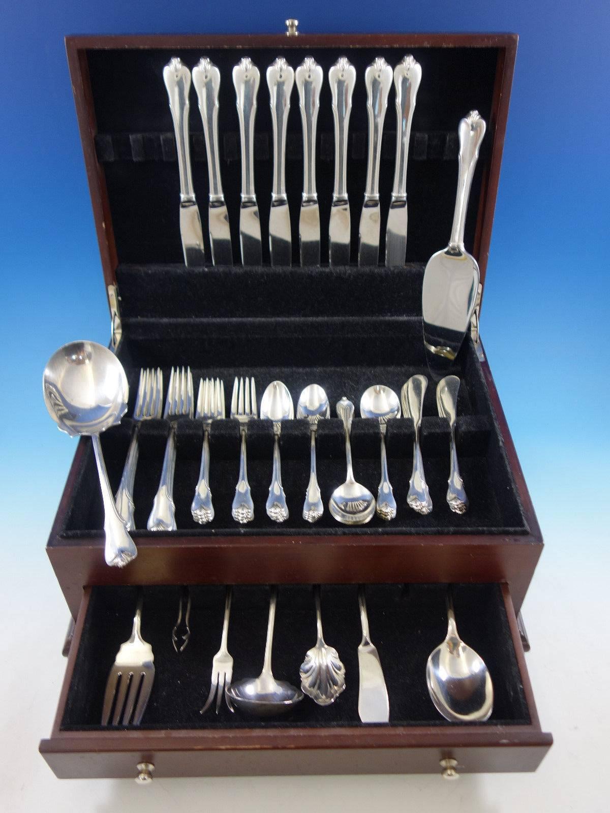 Grand Colonial by Wallace sterling silver flatware set, 57 pieces. This set includes: 

Eight dinner size knives, 9 7/8