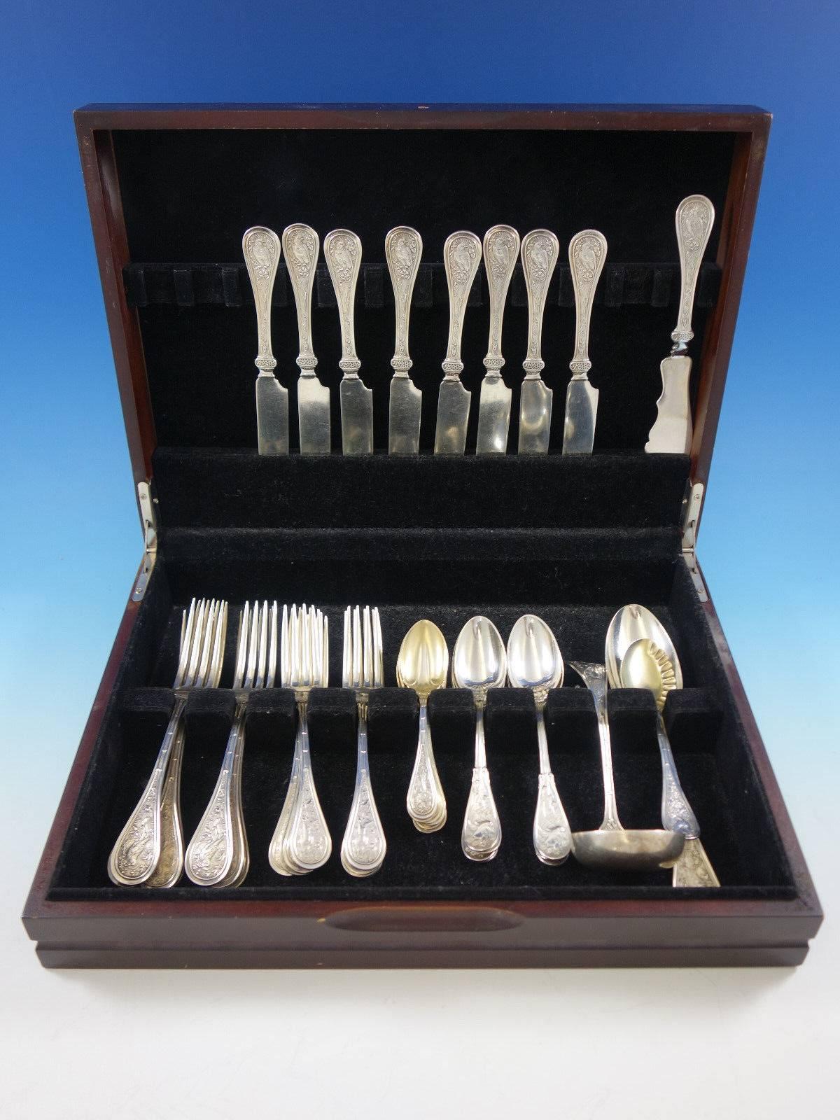 Multi-motif Bird by Wendt sterling silver flatware set of 44 pieces (teaspoons are Japanese by Tiffany). This set includes: Eight knives, flat handle all-sterling, 8", eight dinner forks, 7 1/2", eight regular/dessert forks, 7", eight