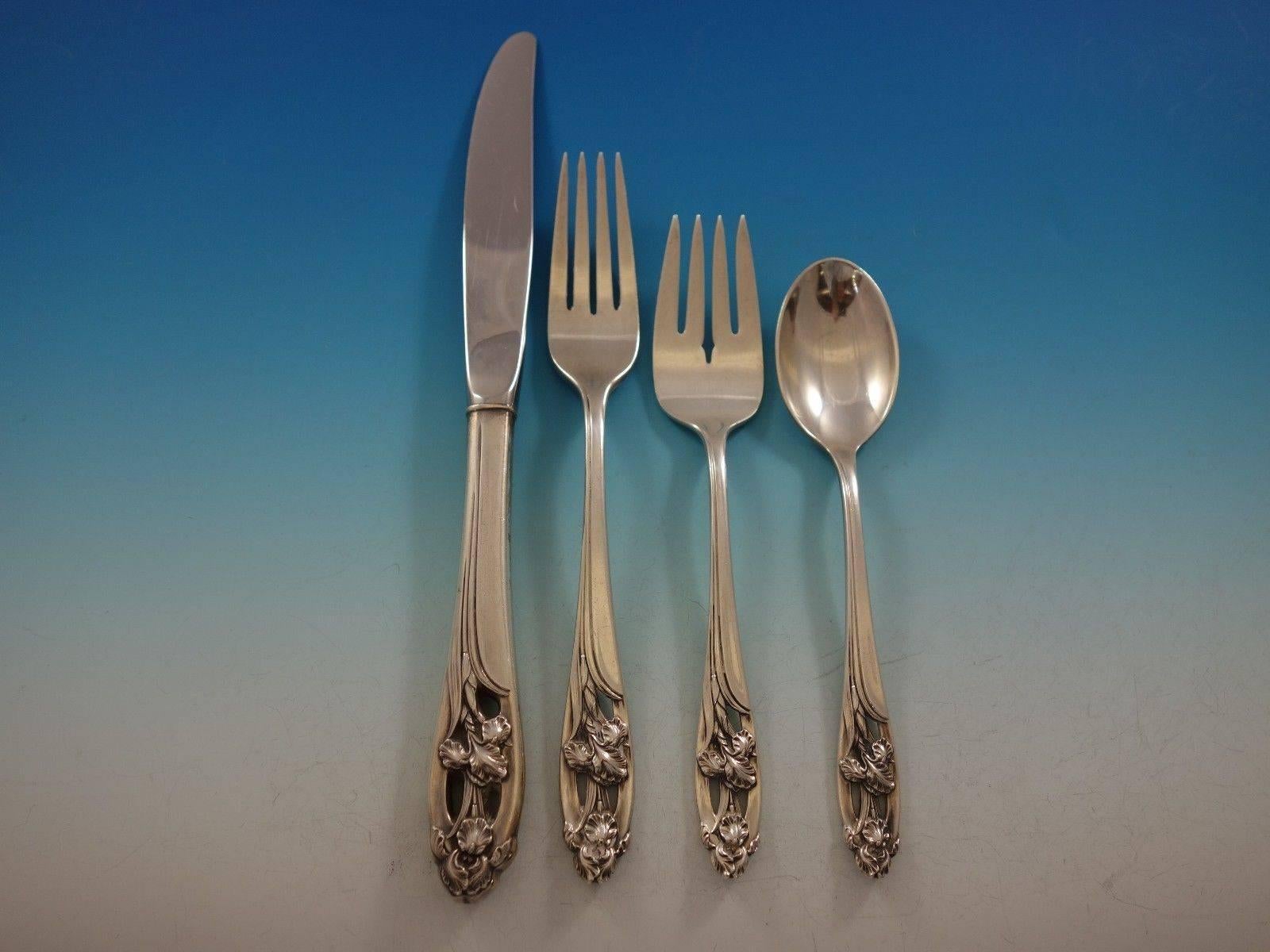 Silver Iris by International Sterling Silver Flatware Set for 12 Service 65 Pcs In Excellent Condition For Sale In Big Bend, WI