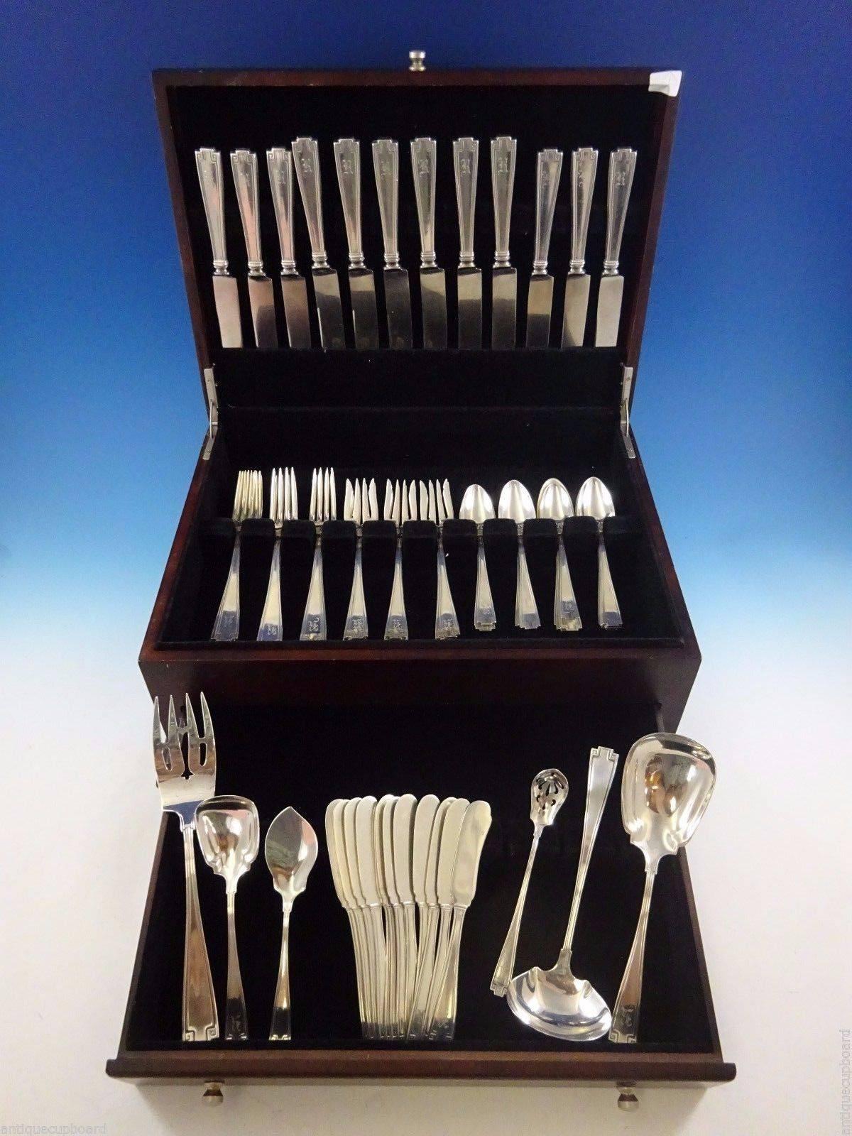 Etruscan by Gorham sterling silver flatware set - 79 pieces. This set includes: 

Six knives, new French blade, 8 1/2