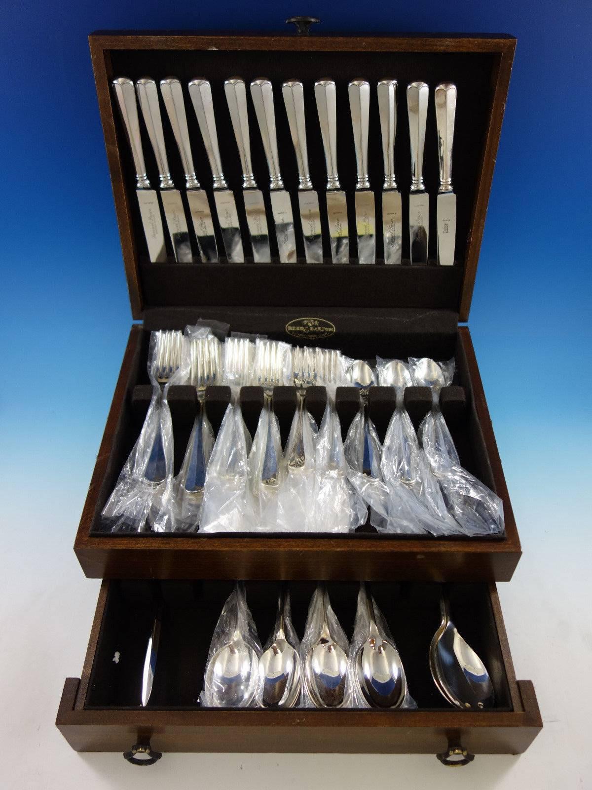 Queen Anne/Rattail English silver plated & 18/10 stainless flatware set (mixed) by Cooper Bros & Sons & Samuel Peace, 77 pieces. This set includes: 

12 knives, 9 3/8