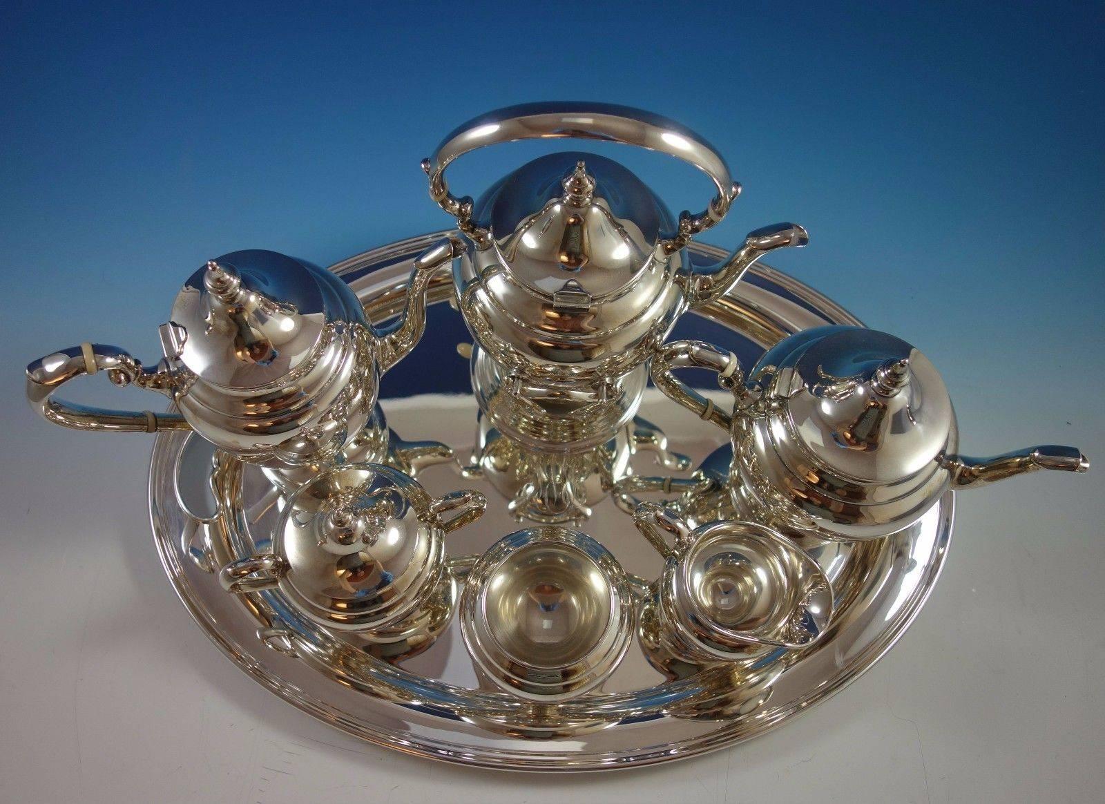 Beautiful Puritan by Gorham sterling silver six-piece tea set with an elegant oval tray. The tea set is not monogrammed, but the tray has a scroll mono “BRL” (see photos). The tray is marked #495, measures 22" x 16" x 3/4", and weighs