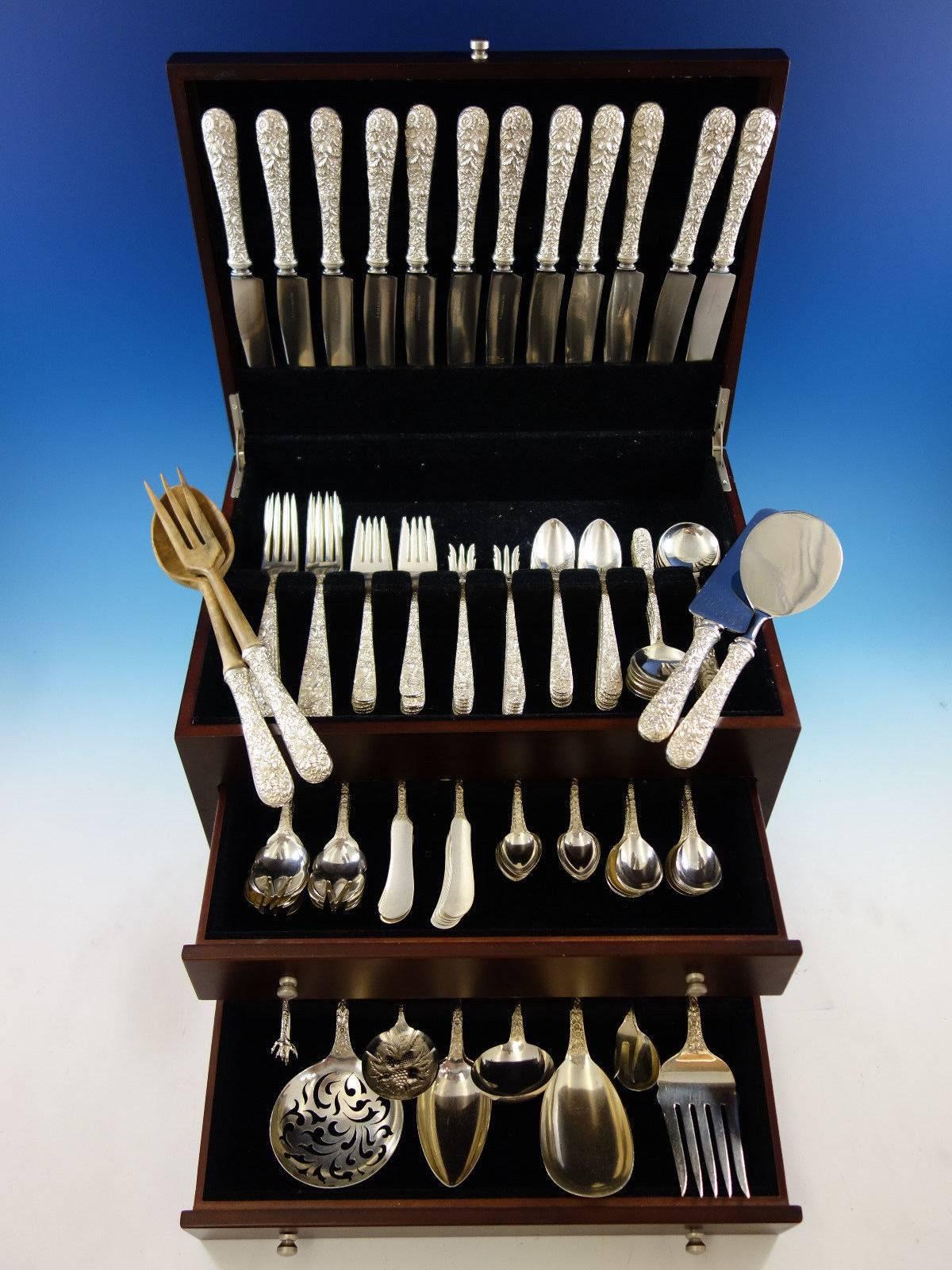 Repousse by Kirk sterling silver flatware set, 134 pieces. This set includes: 

12 dinner size knives, 9 3/4
